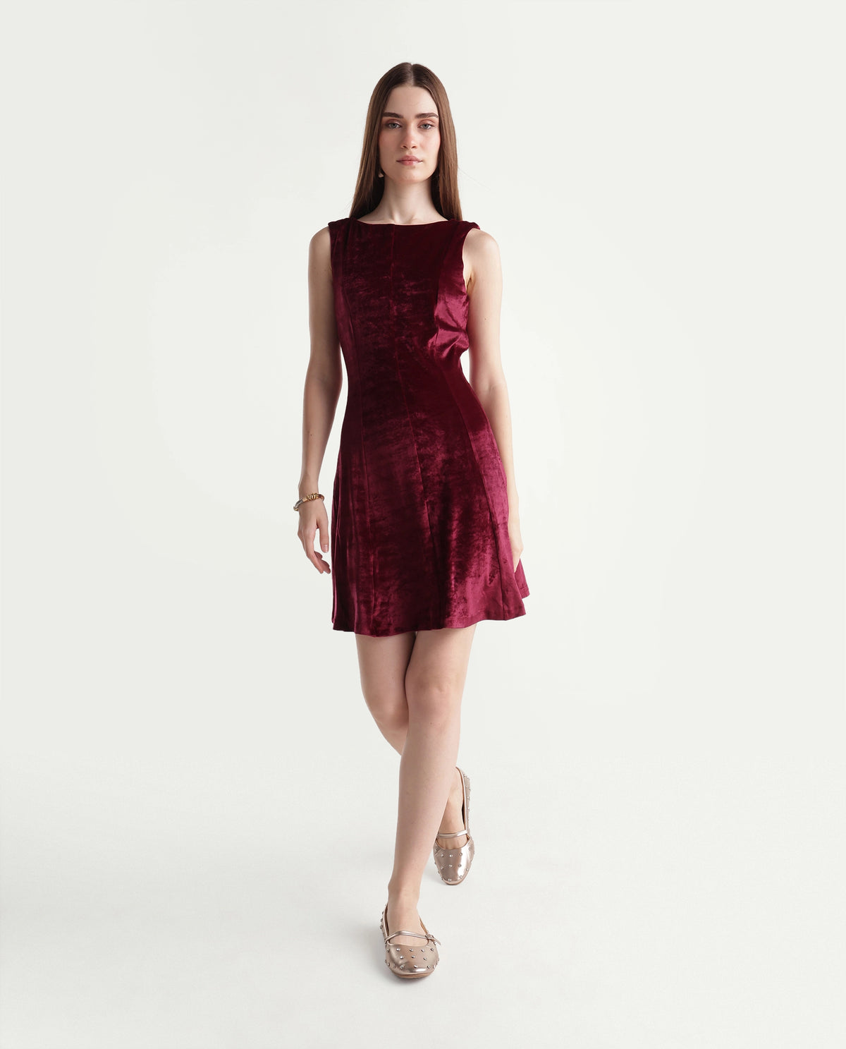 Rareism Women's Potac Maroon Polyester Blend Crew Neck Fit And Flare Plain Dress