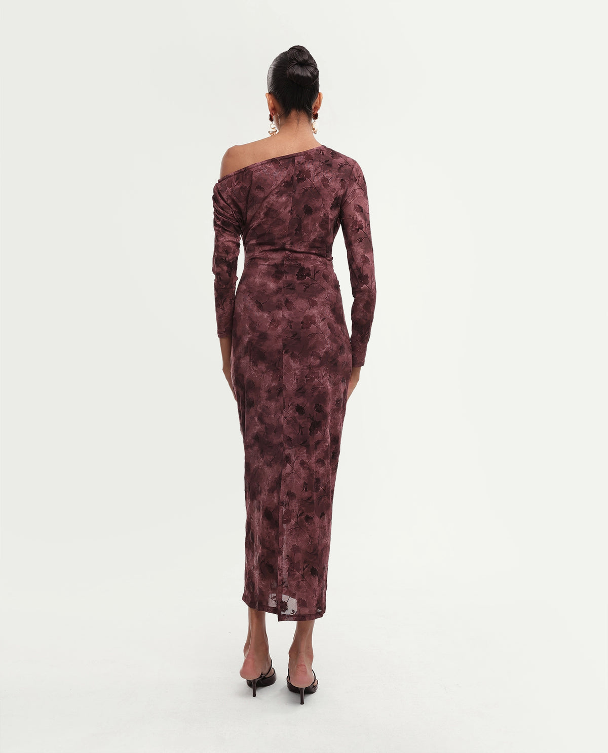 Rareism Women's Perth Light Maroon Polyester Blend One Shoulder Bodycon Floral Print Dress