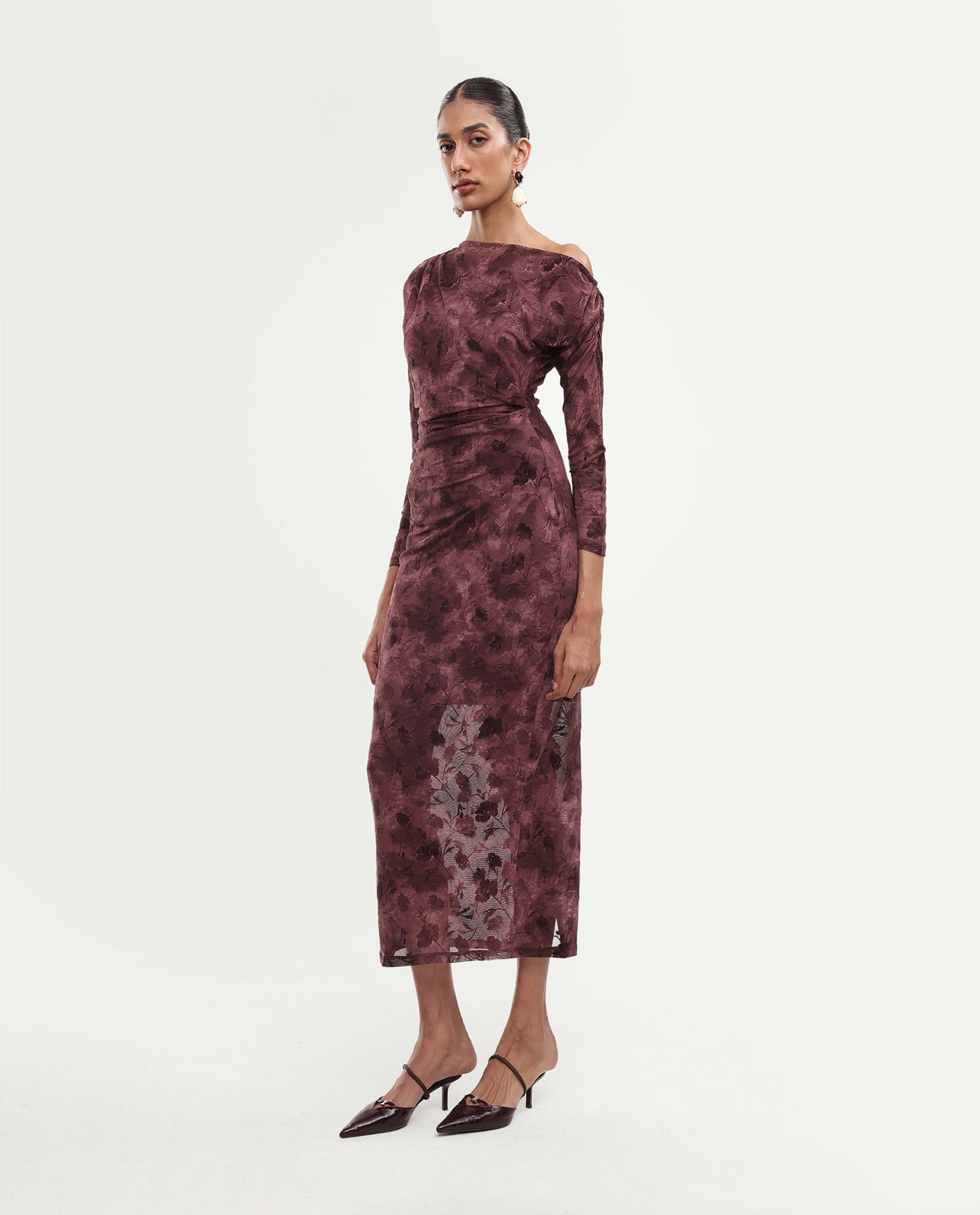 Rareism Women's Perth Light Maroon Polyester Blend One Shoulder Bodycon Floral Print Dress