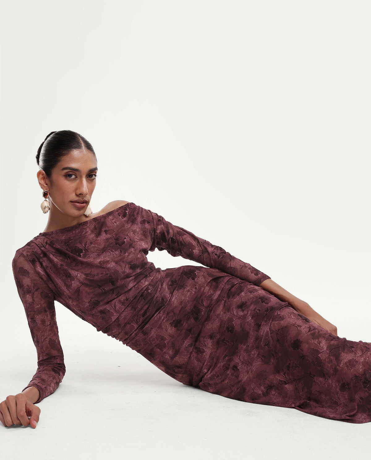 Rareism Women's Perth Light Maroon Polyester Blend One Shoulder Bodycon Floral Print Dress