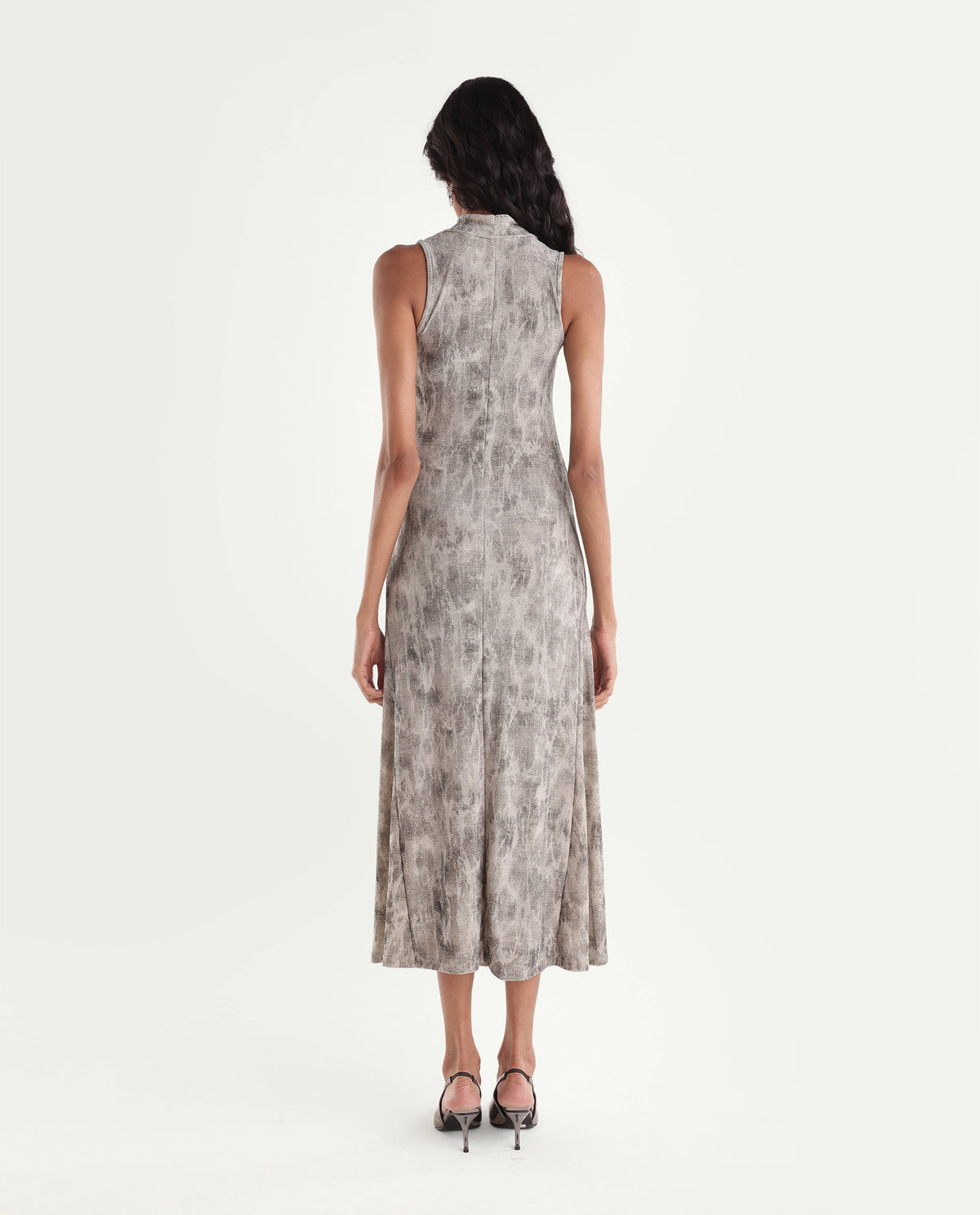 Rareism Women's Parissa Light Grey Nylon Blend Turtle Neck Fit And Flare Abstract Print Dress