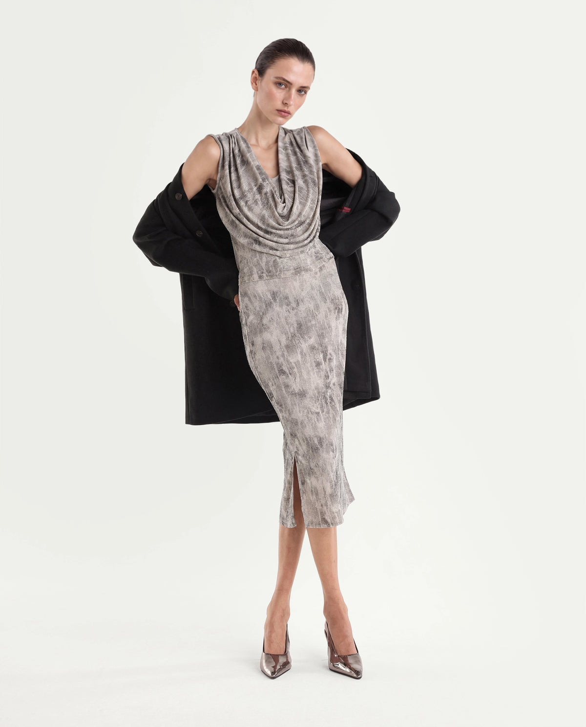 Rareism Women's Padel-T Light Grey Nylon Blend Cowl Neck Relaxed Abstract Print Top