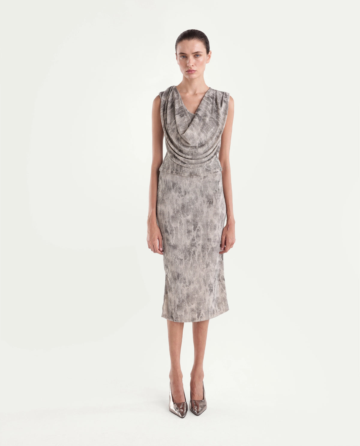 Rareism Women's Padel-T Light Grey Nylon Blend Cowl Neck Relaxed Abstract Print Top