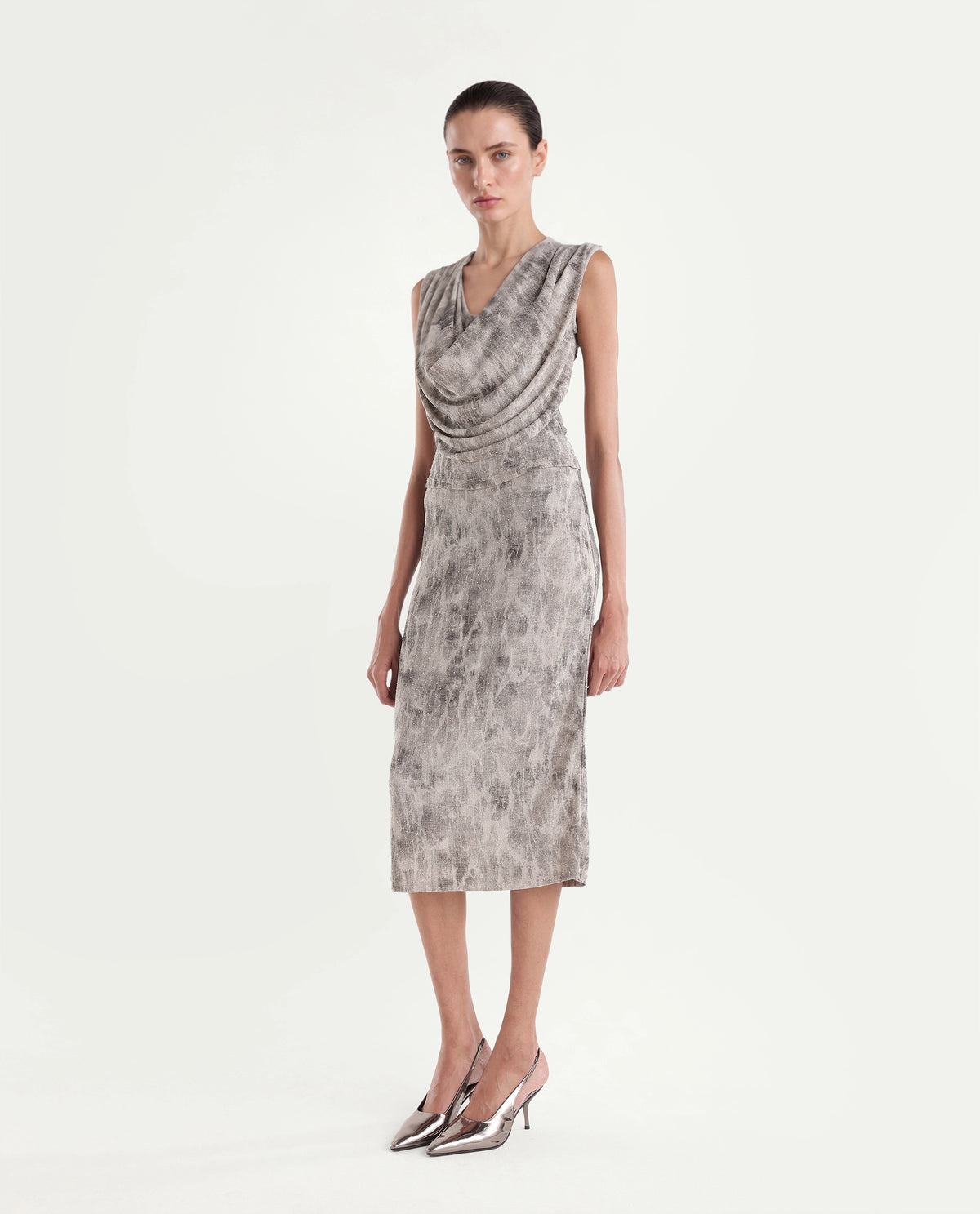 Rareism Women's Padel-T Light Grey Nylon Blend Cowl Neck Relaxed Abstract Print Top