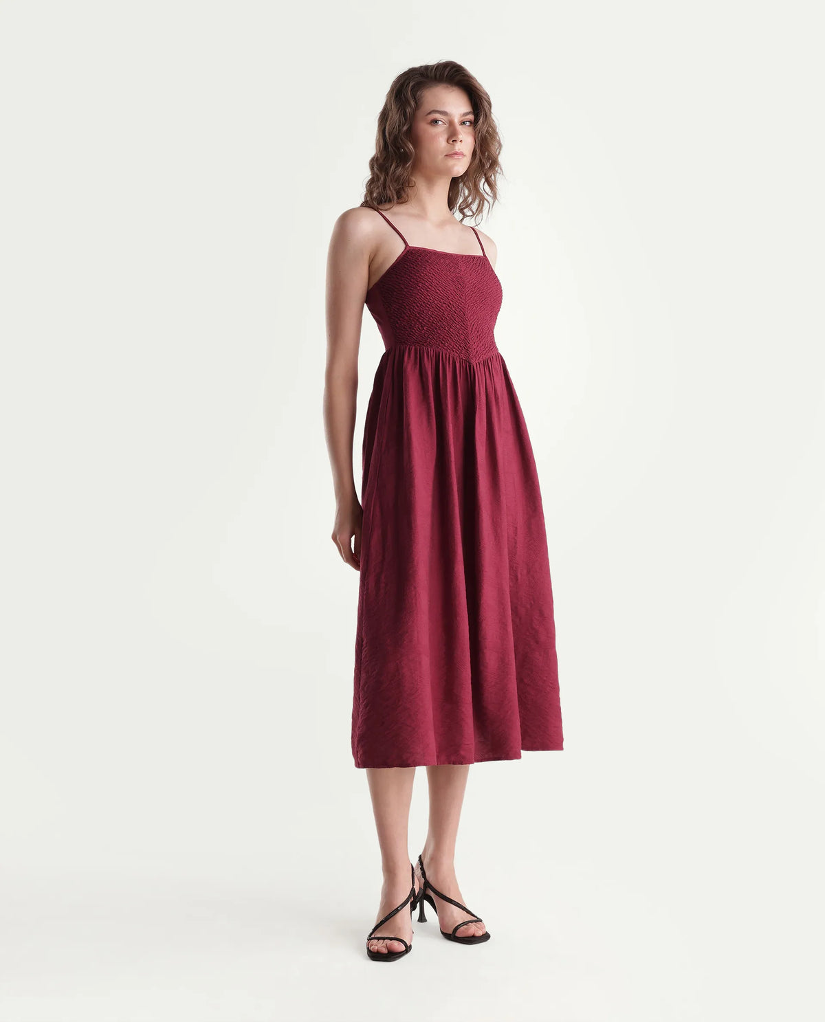 Rareism Women's Brita Maroon Viscose Blend Fit And Flare Jacquard Dress