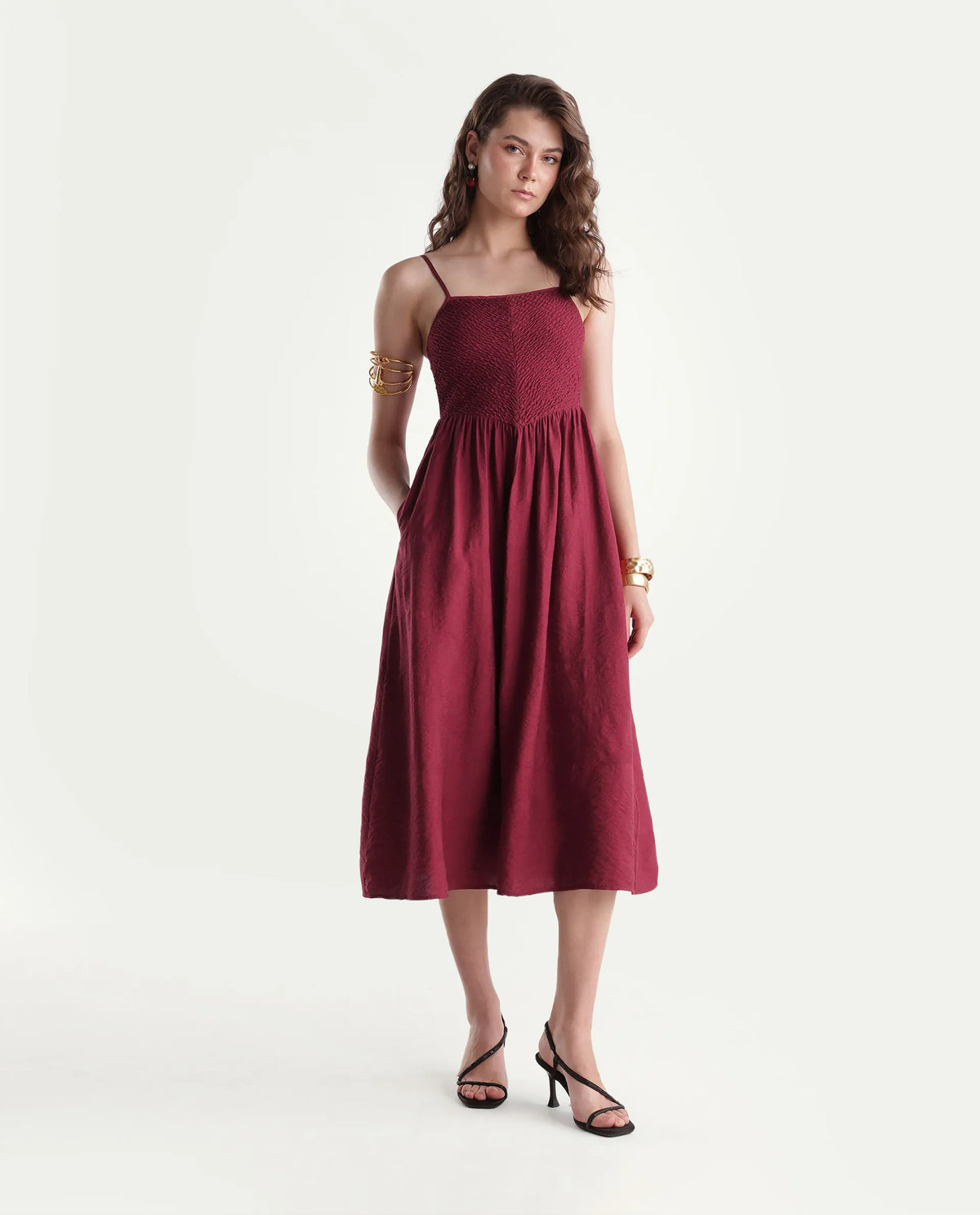 Rareism Women's Brita Maroon Viscose Blend Fit And Flare Jacquard Dress
