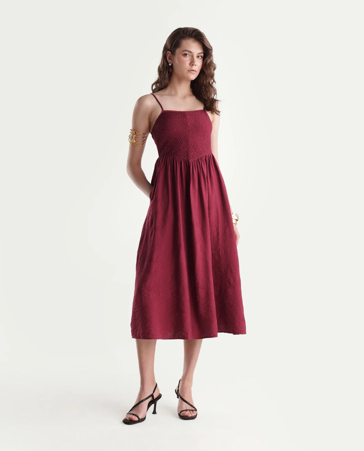 Rareism Women's Brita Maroon Viscose Blend Fit And Flare Jacquard Dress