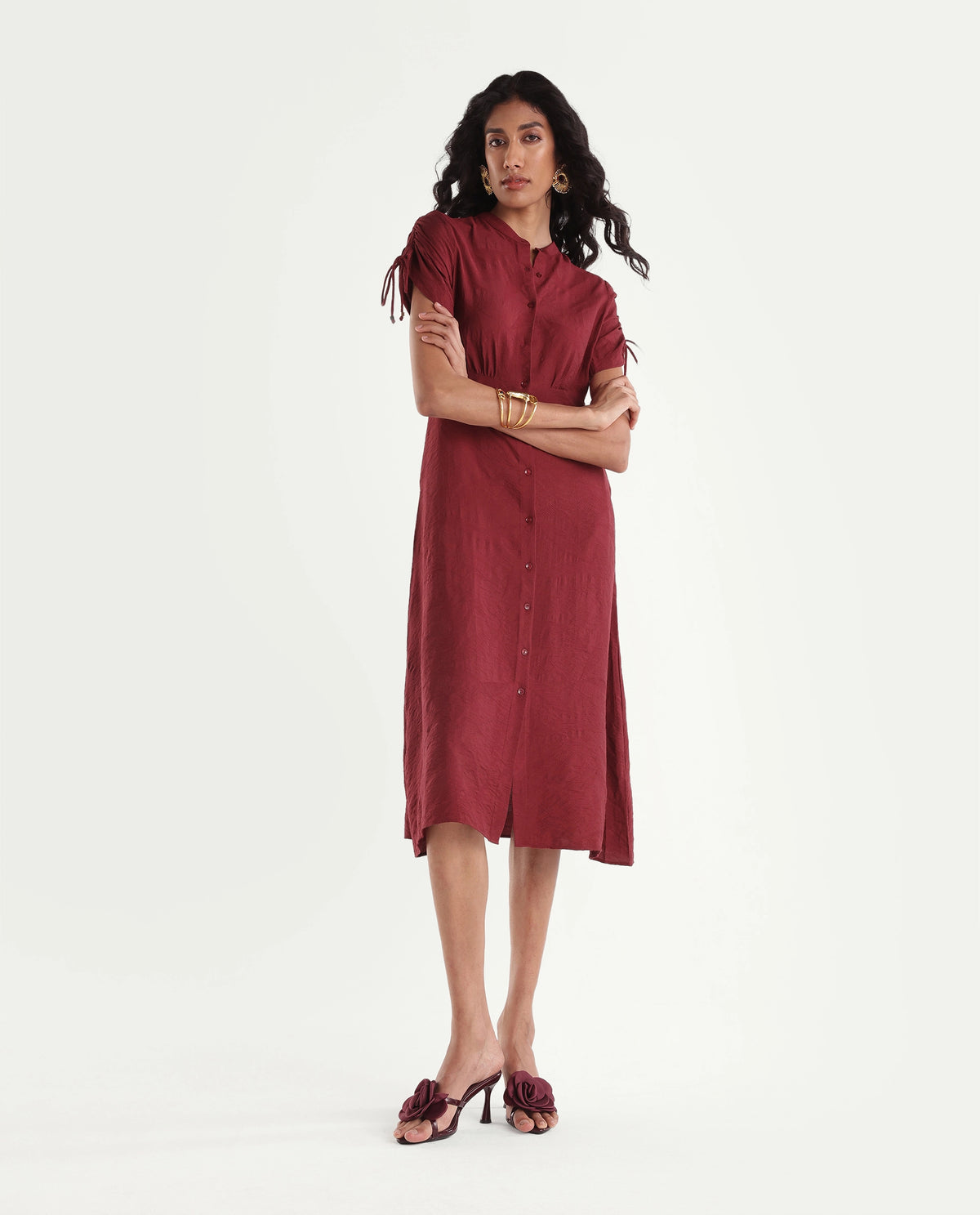 Rareism Women's Betty Maroon Viscose Blend Stand Collar Cinched Waist Jacquard Dress