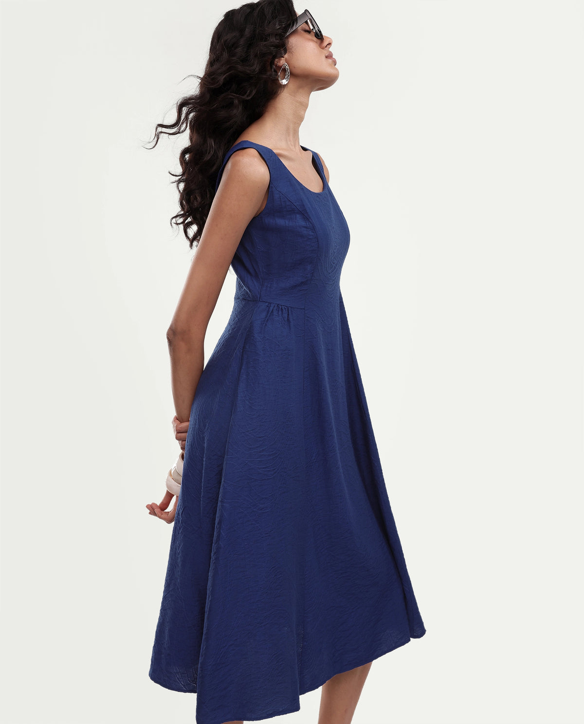 Rareism Women's Dazu Blue Viscose Blend Scoop Neck Fit And Flare Jacquard Dress