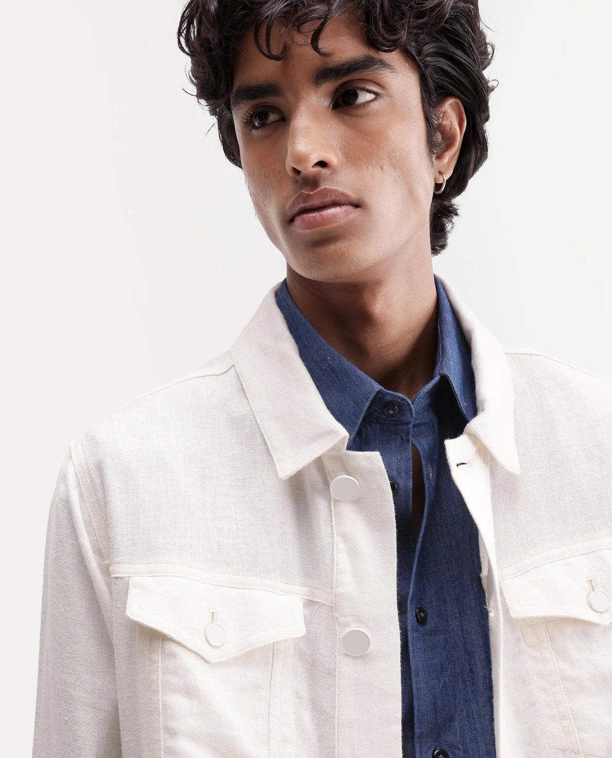 Rare Rabbit Men's Mirk-S White Linen Blend Spread Collar Regular Plain Jacket