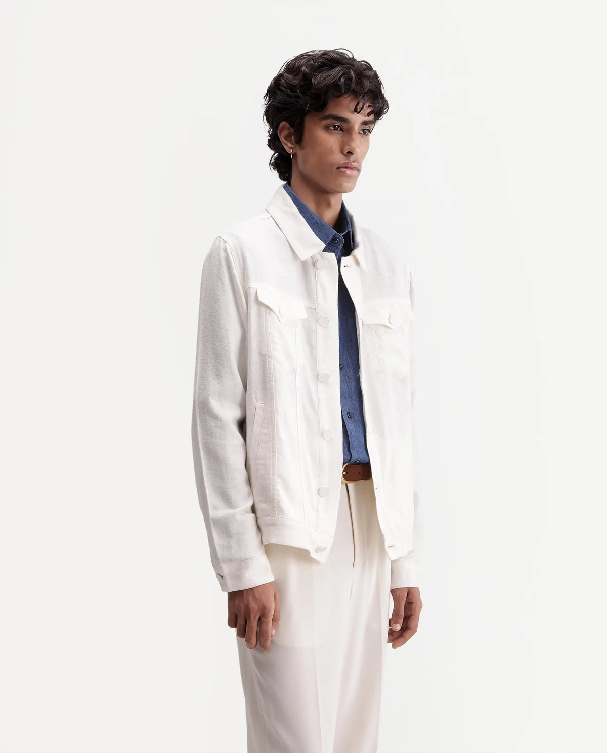 Rare Rabbit Men's Mirk-S White Linen Blend Spread Collar Regular Plain Jacket
