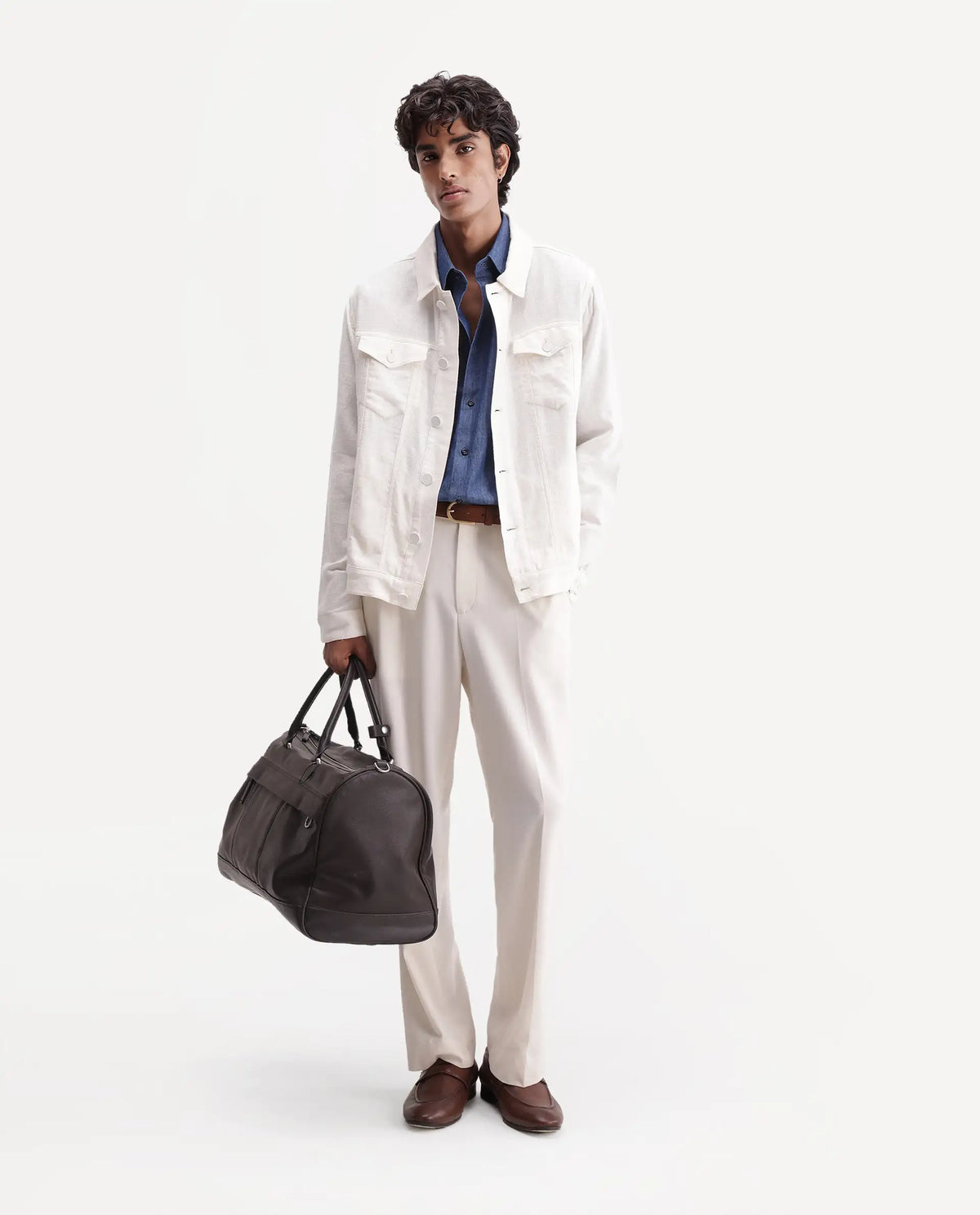 Rare Rabbit Men's Mirk-S White Linen Blend Spread Collar Regular Plain Jacket