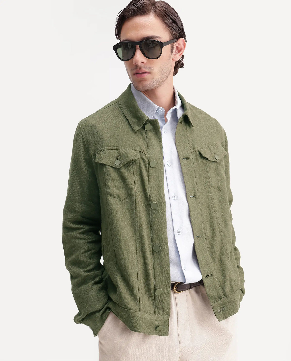 Rare Rabbit Men's Mirk-S Green Linen Blend Spread Collar Regular Plain Jacket