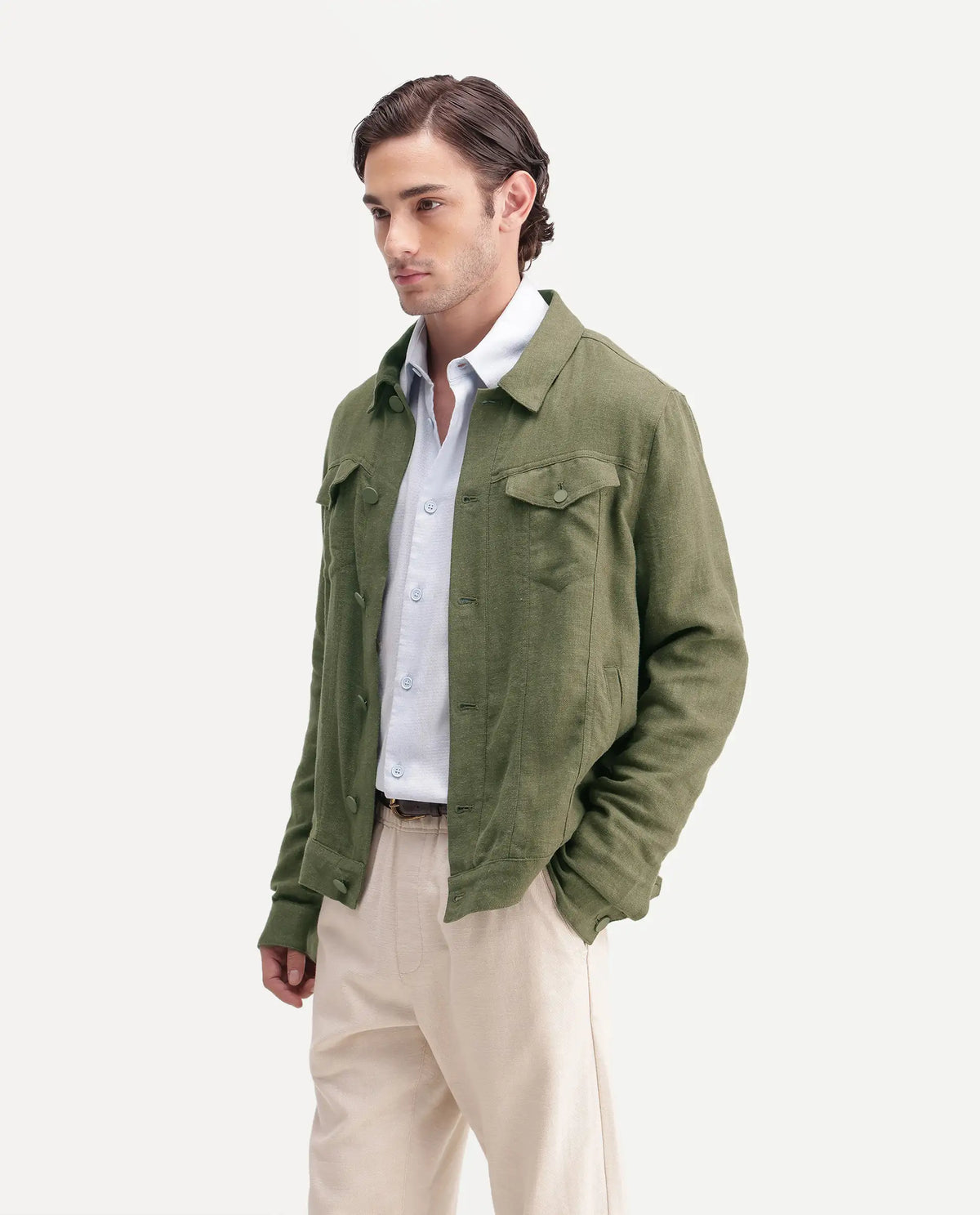 Rare Rabbit Men's Mirk-S Green Linen Blend Spread Collar Regular Plain Jacket