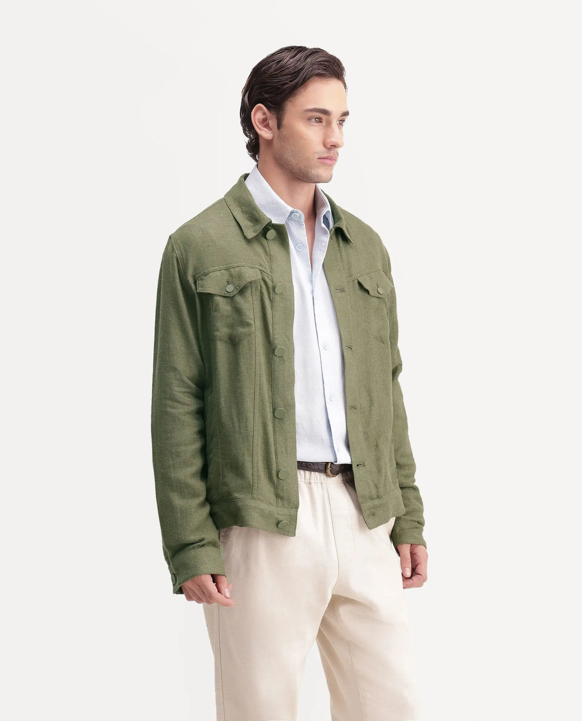 Rare Rabbit Men's Mirk-S Green Linen Blend Spread Collar Regular Plain Jacket