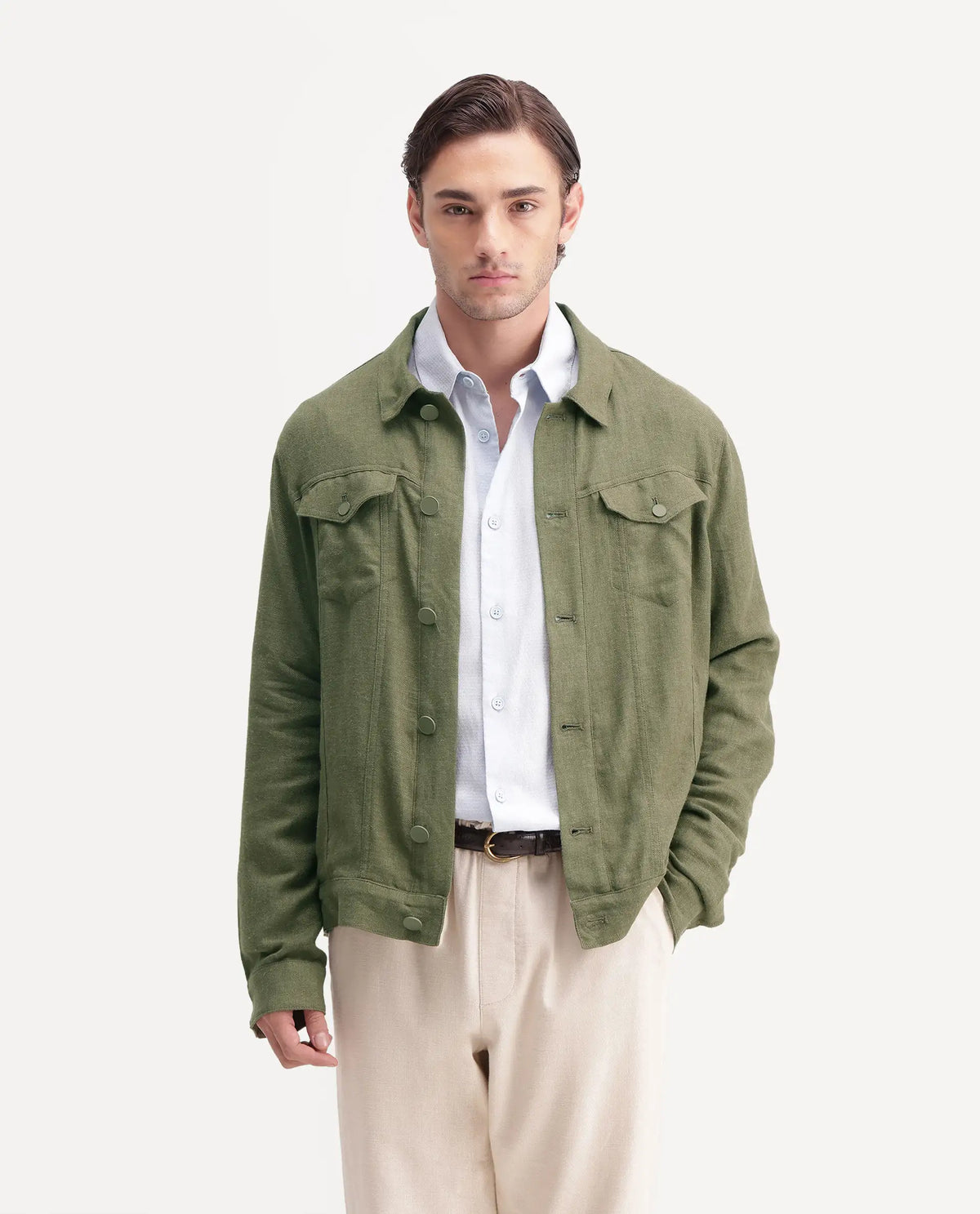 Rare Rabbit Men's Mirk-S Green Linen Blend Spread Collar Regular Plain Jacket