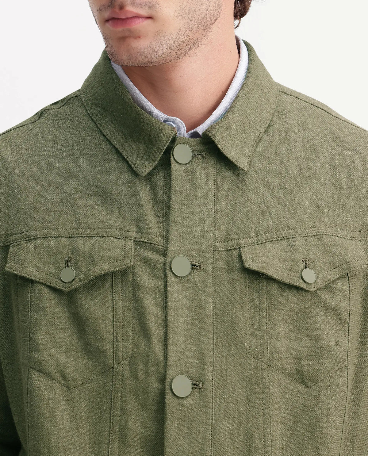 Rare Rabbit Men's Mirk-S Green Linen Blend Spread Collar Regular Plain Jacket