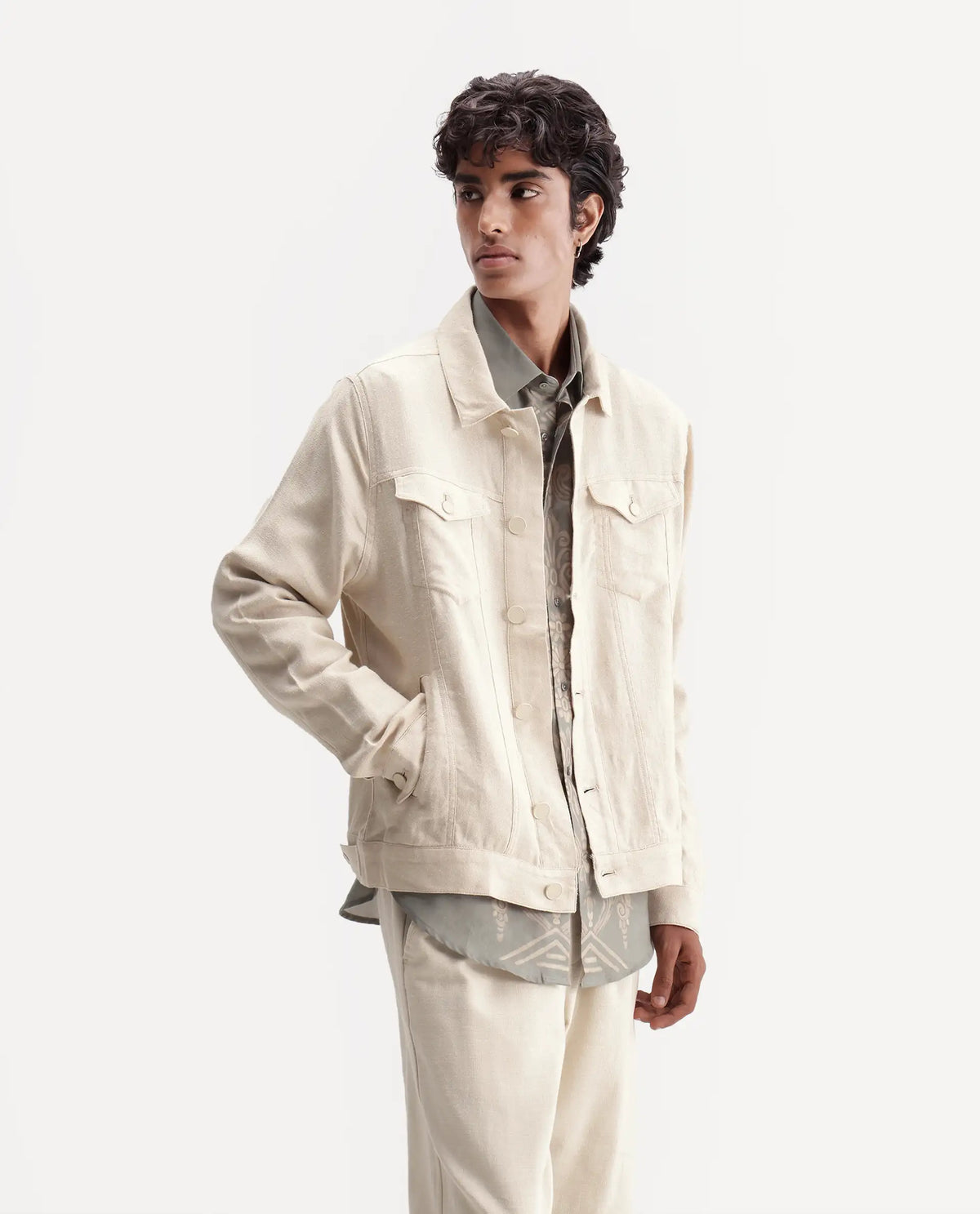 Rare Rabbit Men's Mirk-S Off White Linen Blend Spread Collar Regular Plain Jacket