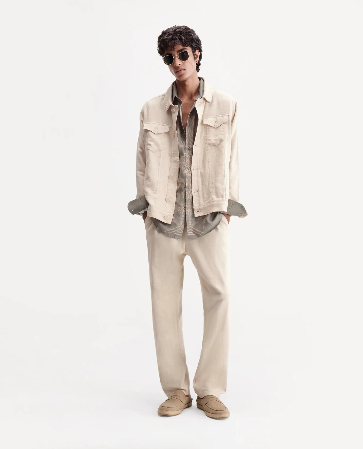 Rare Rabbit Men's Mirk-S Off White Linen Blend Spread Collar Regular Plain Jacket