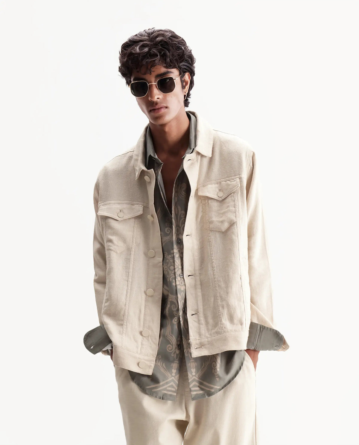 Rare Rabbit Men's Mirk-S Off White Linen Blend Spread Collar Regular Plain Jacket