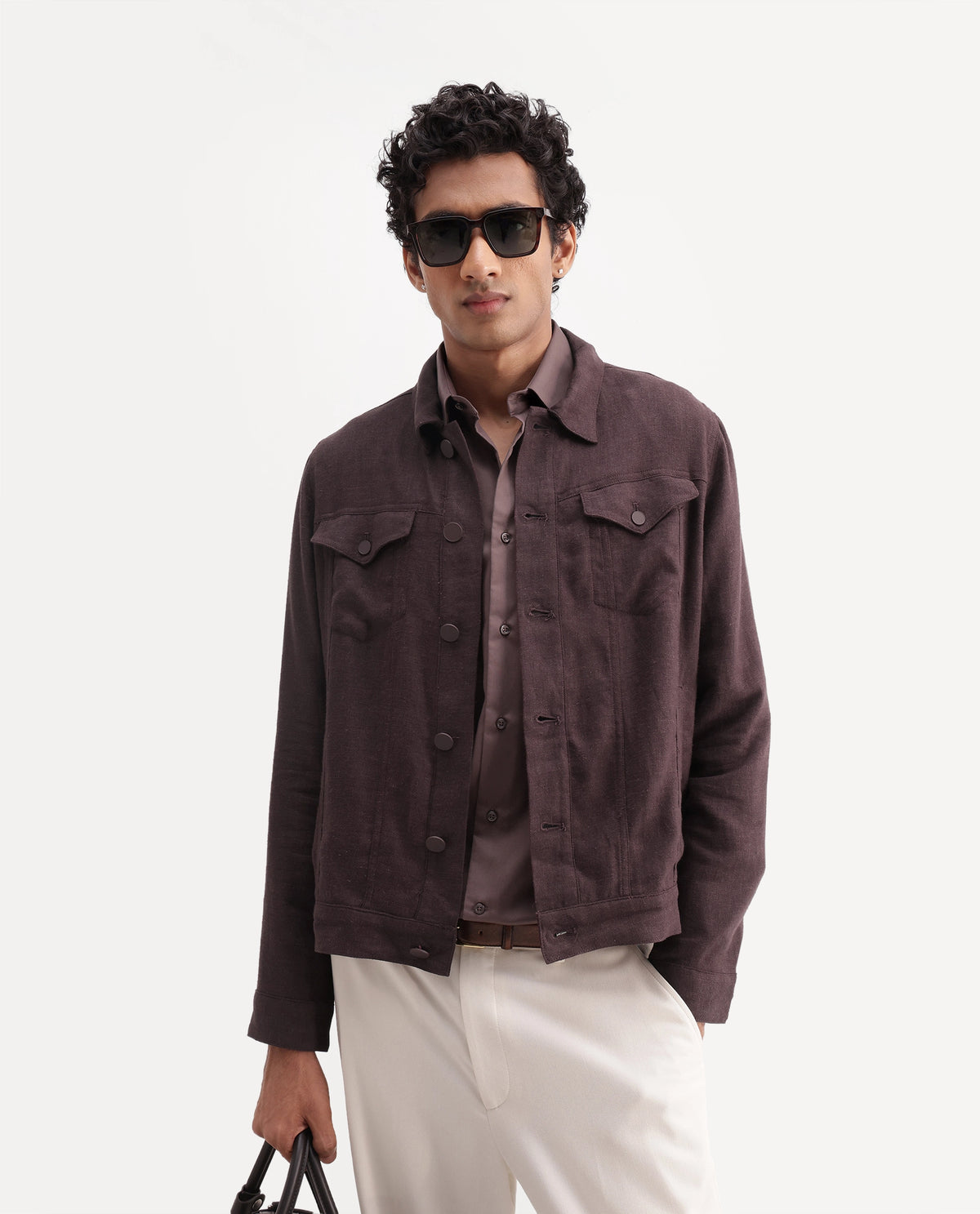 Rare Rabbit Men's Mirk-S Dark Purple Linen Blend Spread Collar Regular Plain Jacket