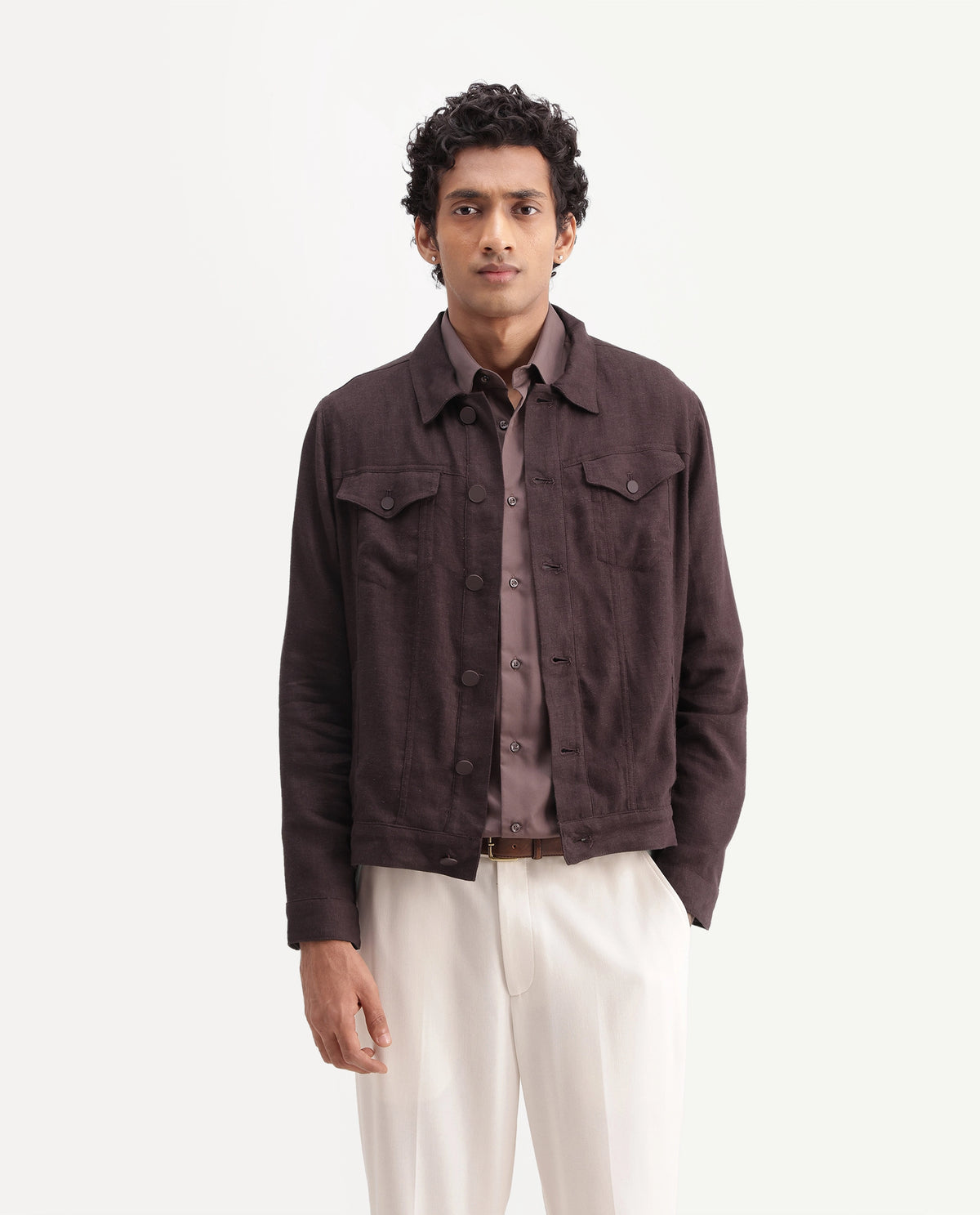 Rare Rabbit Men's Mirk-S Dark Purple Linen Blend Spread Collar Regular Plain Jacket