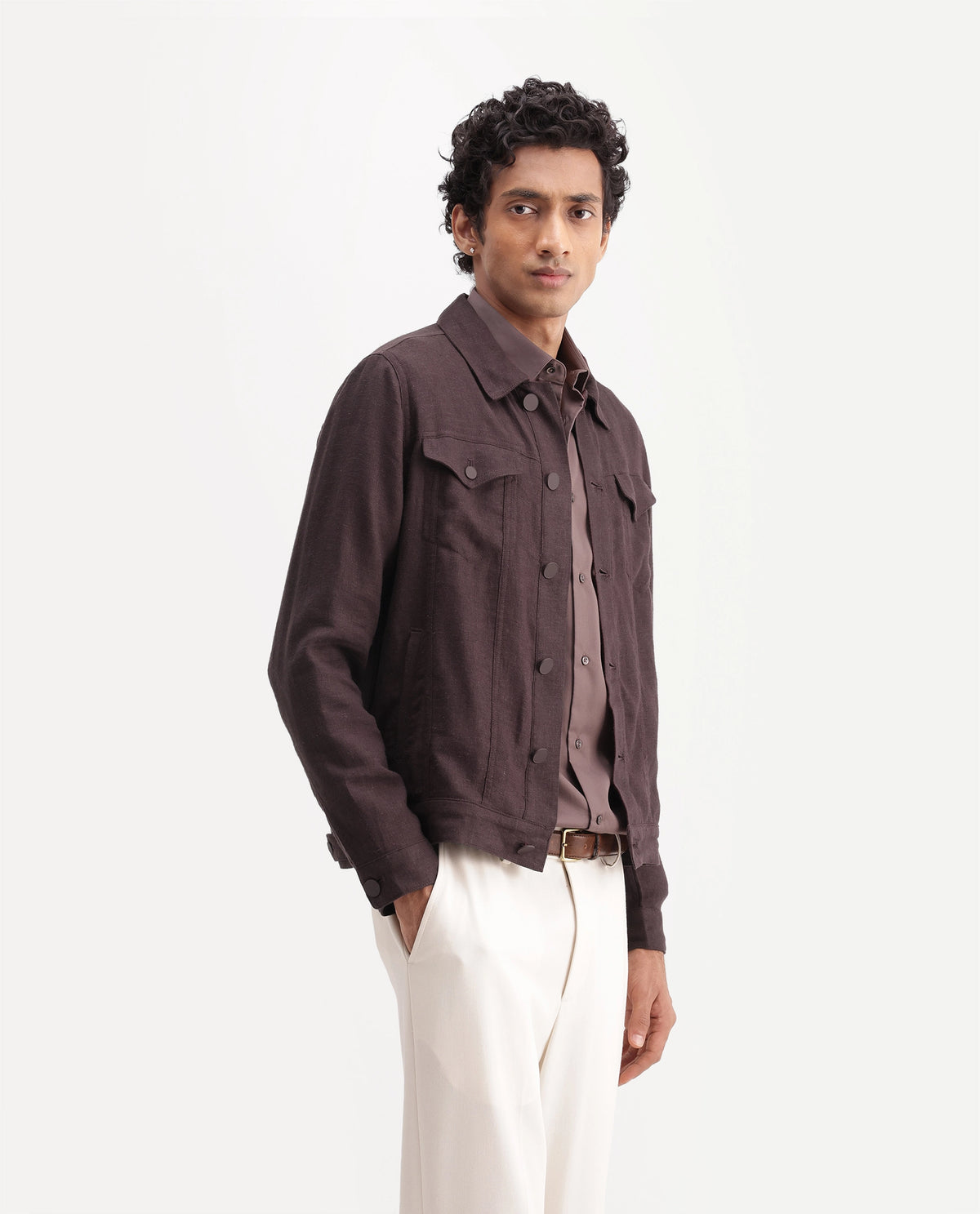 Rare Rabbit Men's Mirk-S Dark Purple Linen Blend Spread Collar Regular Plain Jacket