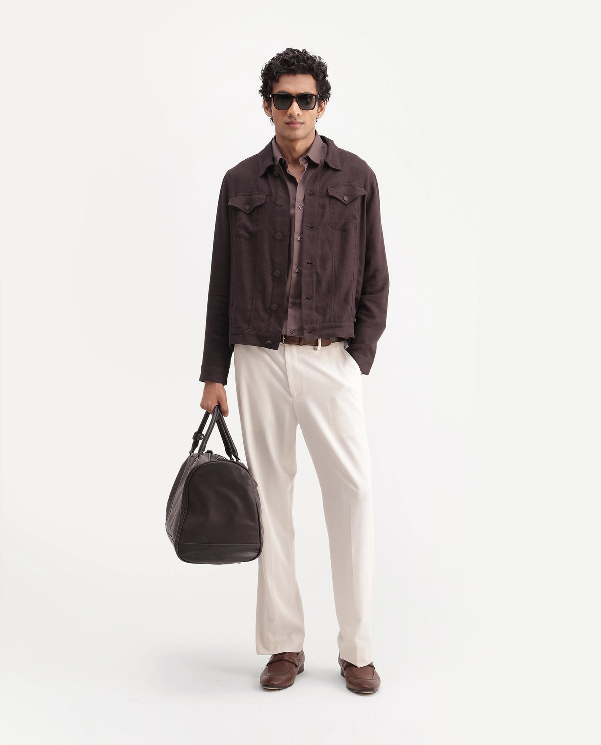 Rare Rabbit Men's Mirk-S Dark Purple Linen Blend Spread Collar Regular Plain Jacket