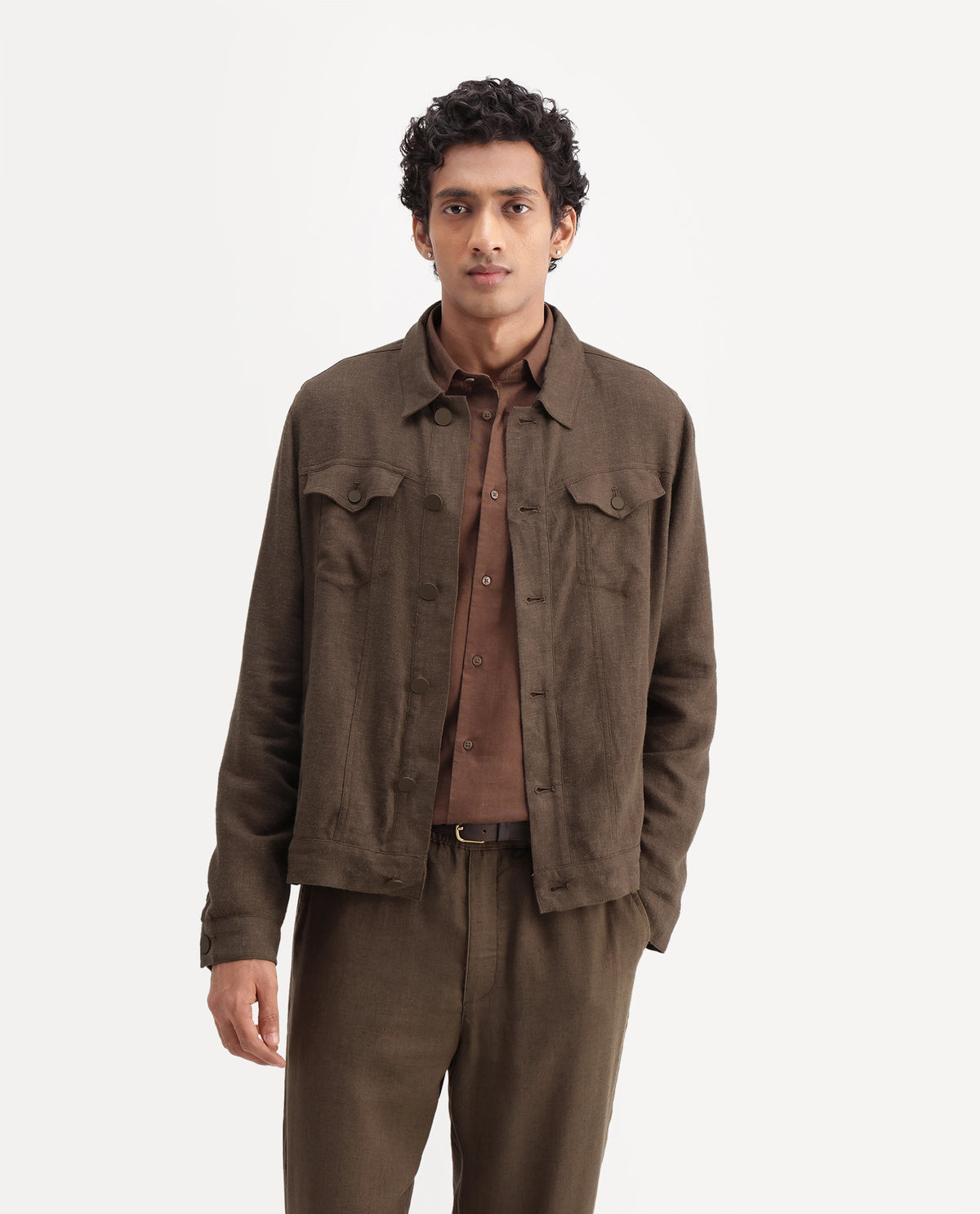 Rare Rabbit Men's Mirk-S Dusky Brown Linen Blend Spread Collar Regular Plain Jacket