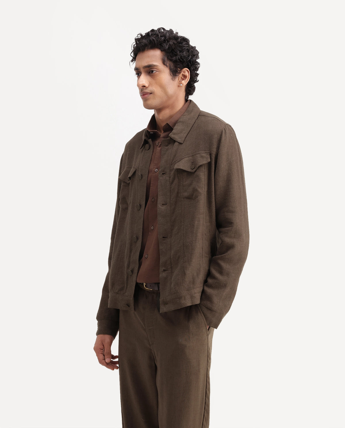 Rare Rabbit Men's Mirk-S Dusky Brown Linen Blend Spread Collar Regular Plain Jacket