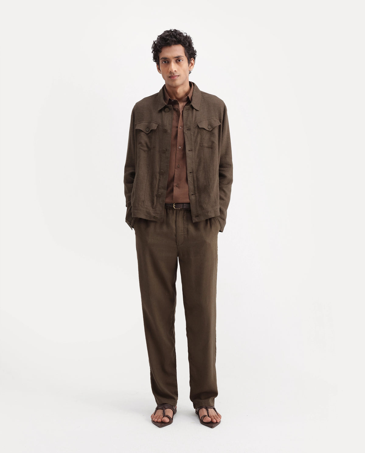 Rare Rabbit Men's Mirk-S Dusky Brown Linen Blend Spread Collar Regular Plain Jacket
