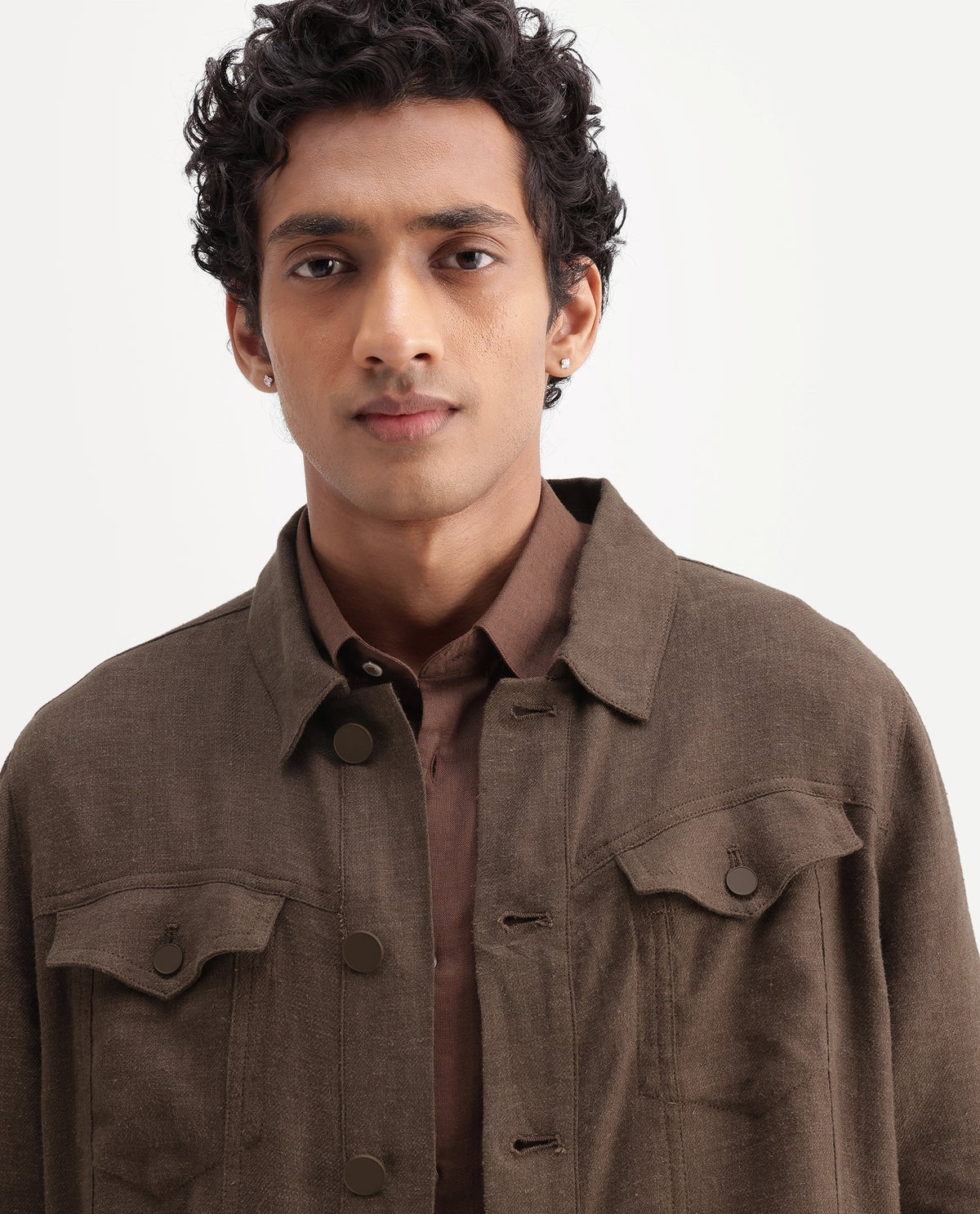Rare Rabbit Men's Mirk-S Dusky Brown Linen Blend Spread Collar Regular Plain Jacket