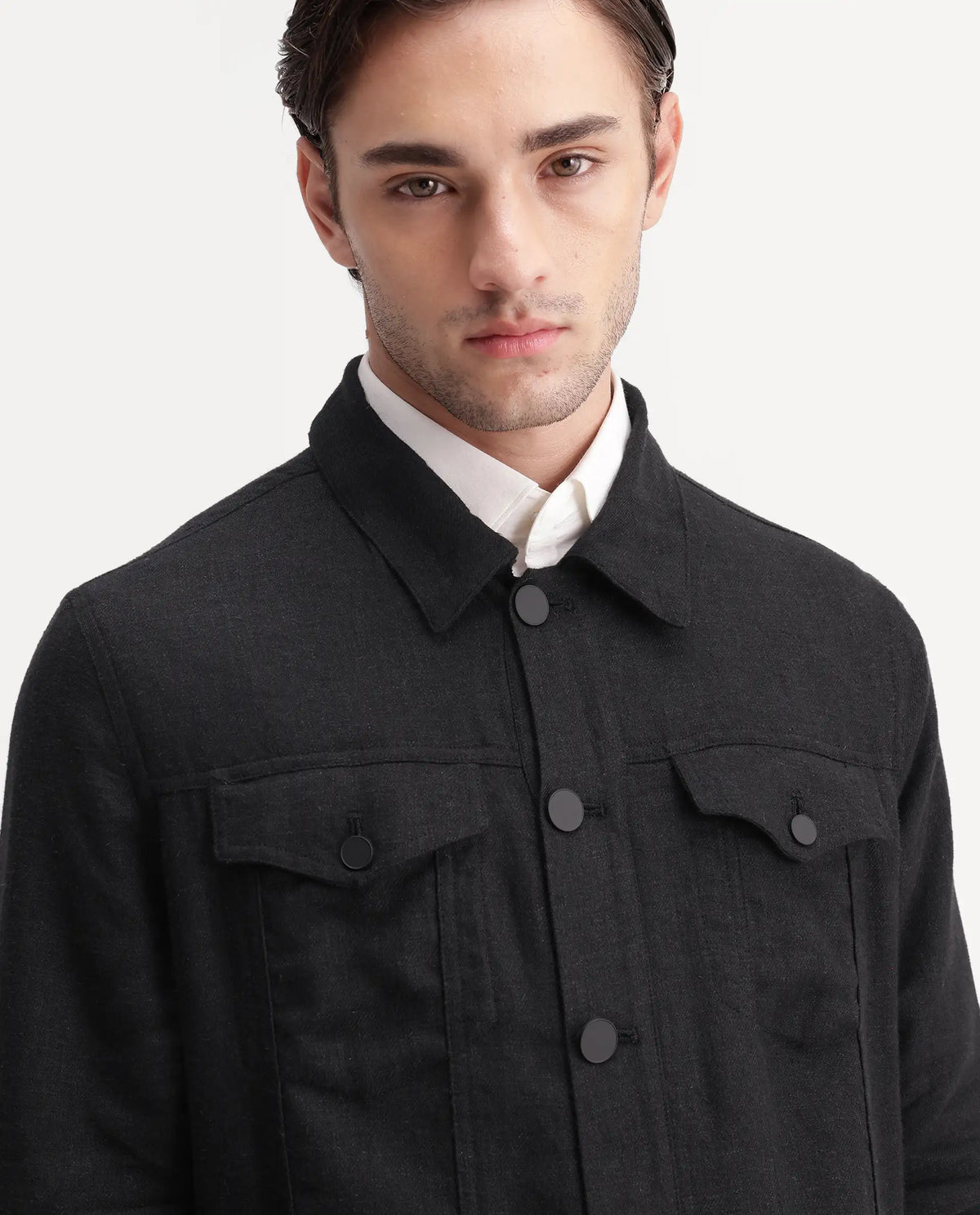 Rare Rabbit Men's Mirk-S Black Linen Blend Spread Collar Regular Plain Jacket