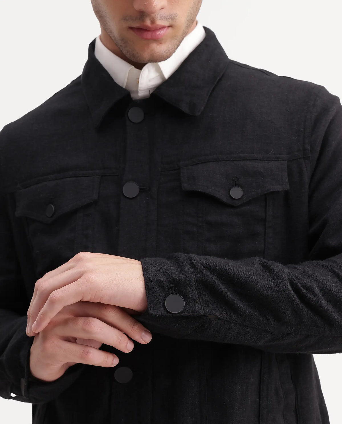 Rare Rabbit Men's Mirk-S Black Linen Blend Spread Collar Regular Plain Jacket