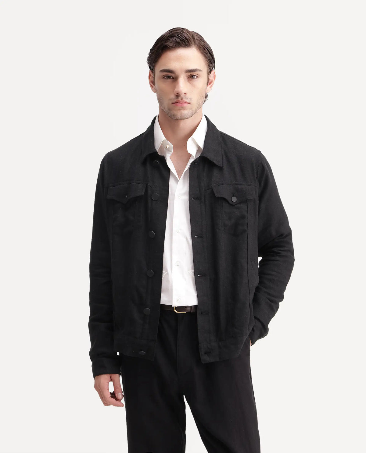 Rare Rabbit Men's Mirk-S Black Linen Blend Spread Collar Regular Plain Jacket