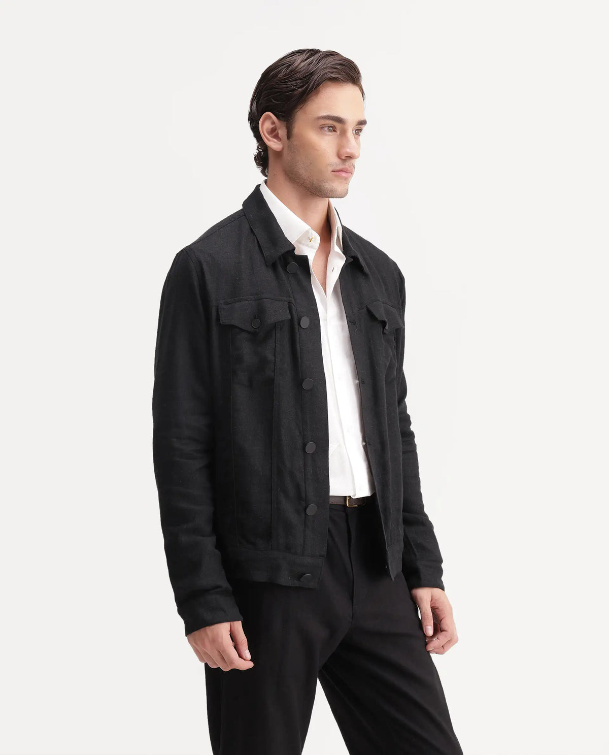 Rare Rabbit Men's Mirk-S Black Linen Blend Spread Collar Regular Plain Jacket