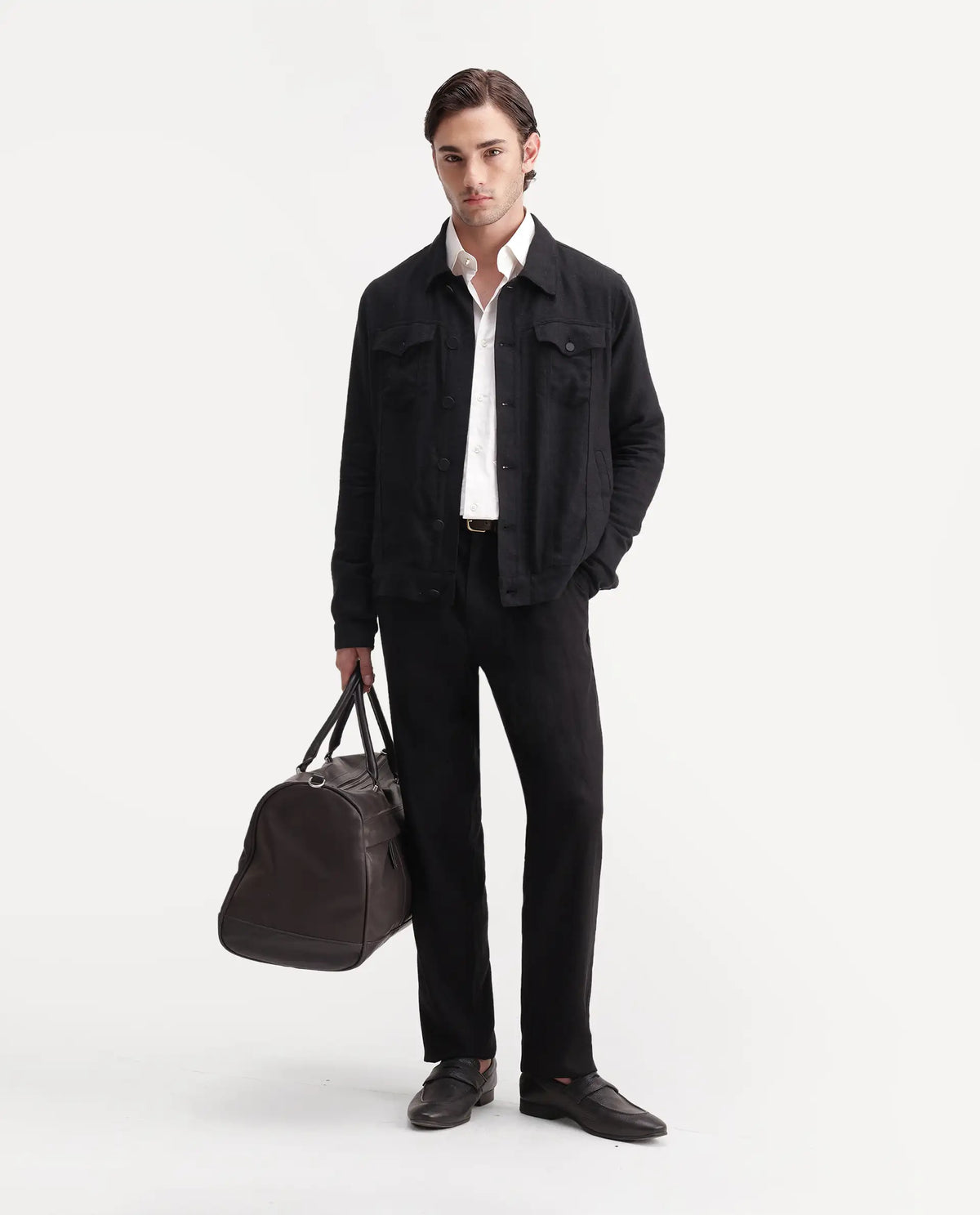 Rare Rabbit Men's Mirk-S Black Linen Blend Spread Collar Regular Plain Jacket