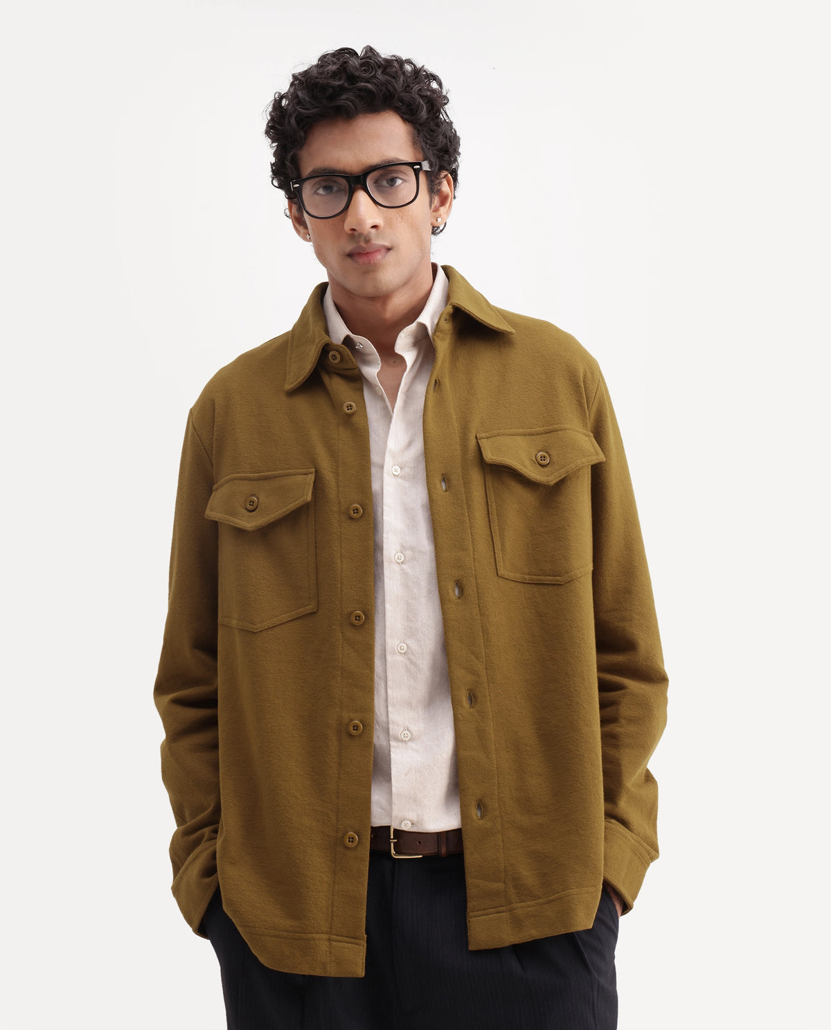 Rare Rabbit Mens Dido Dark Mustard Cotton Spread Collar Relaxed Textured Shacket