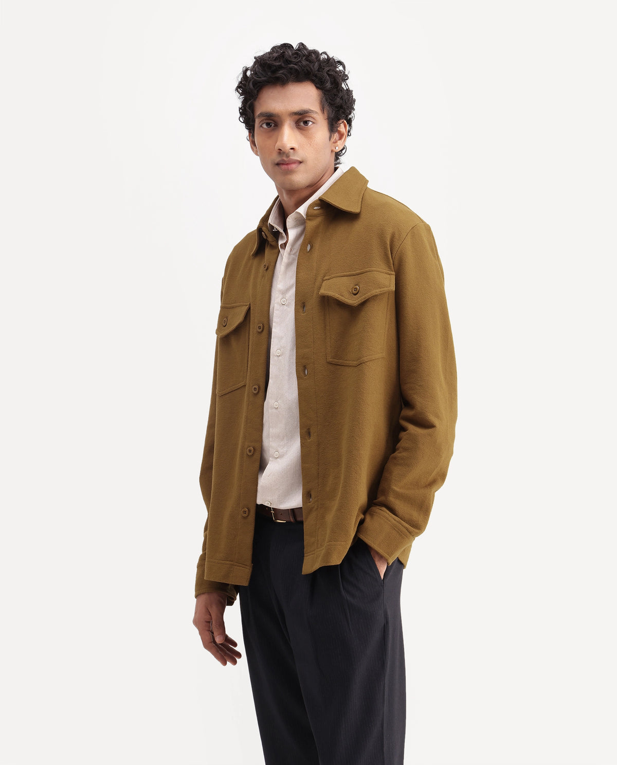 Rare Rabbit Mens Dido Dark Mustard Cotton Spread Collar Relaxed Textured Shacket