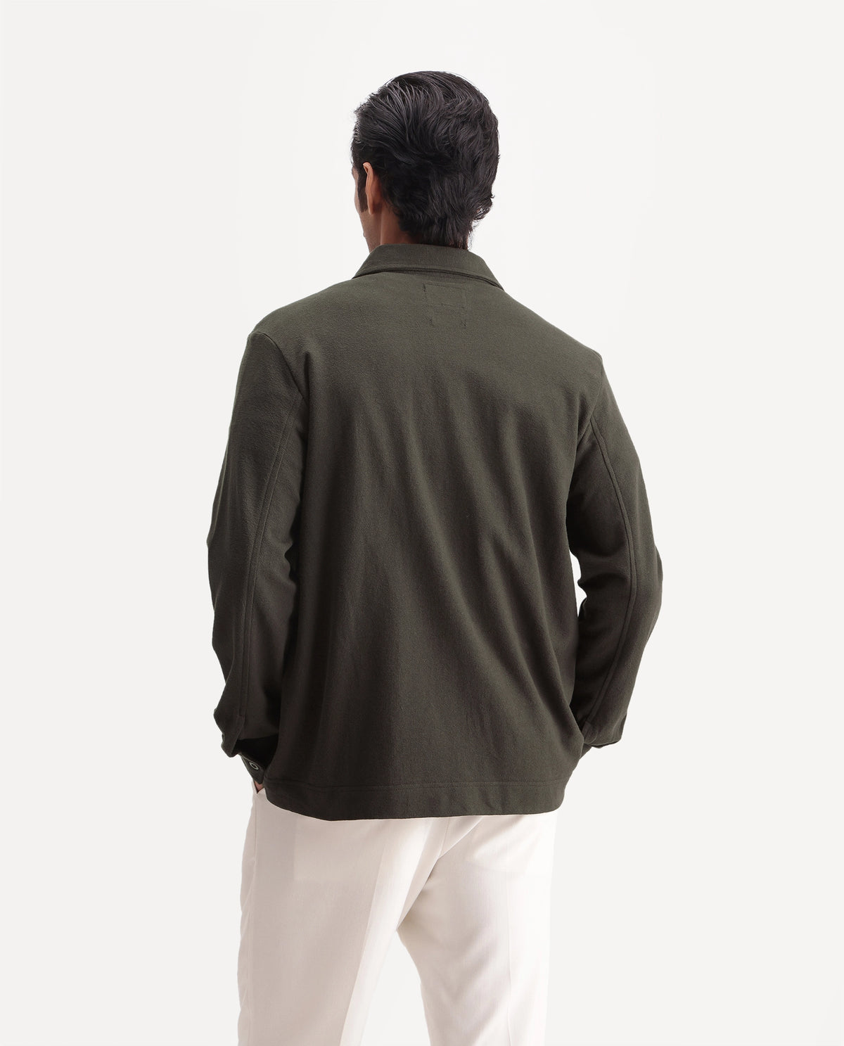 Rare Rabbit Mens Dido Olive Cotton Spread Collar Relaxed Textured Shacket