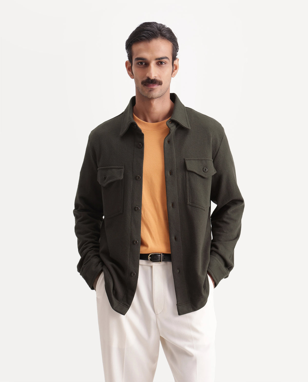 Rare Rabbit Mens Dido Olive Cotton Spread Collar Relaxed Textured Shacket