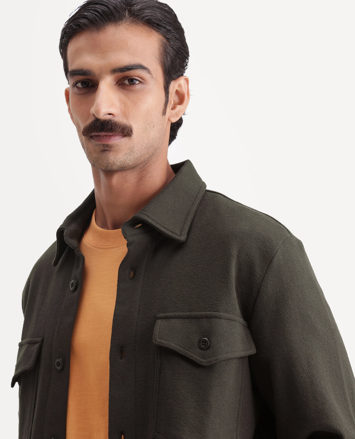 Rare Rabbit Mens Dido Olive Cotton Spread Collar Relaxed Textured Shacket