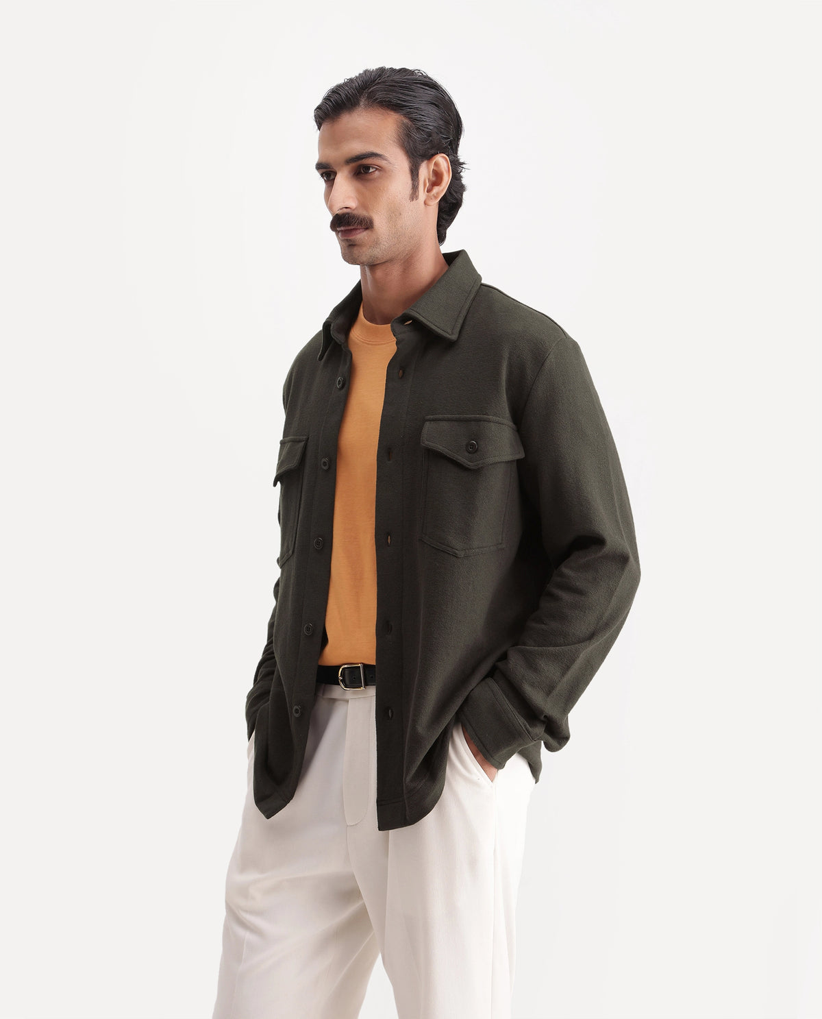 Rare Rabbit Mens Dido Olive Cotton Spread Collar Relaxed Textured Shacket