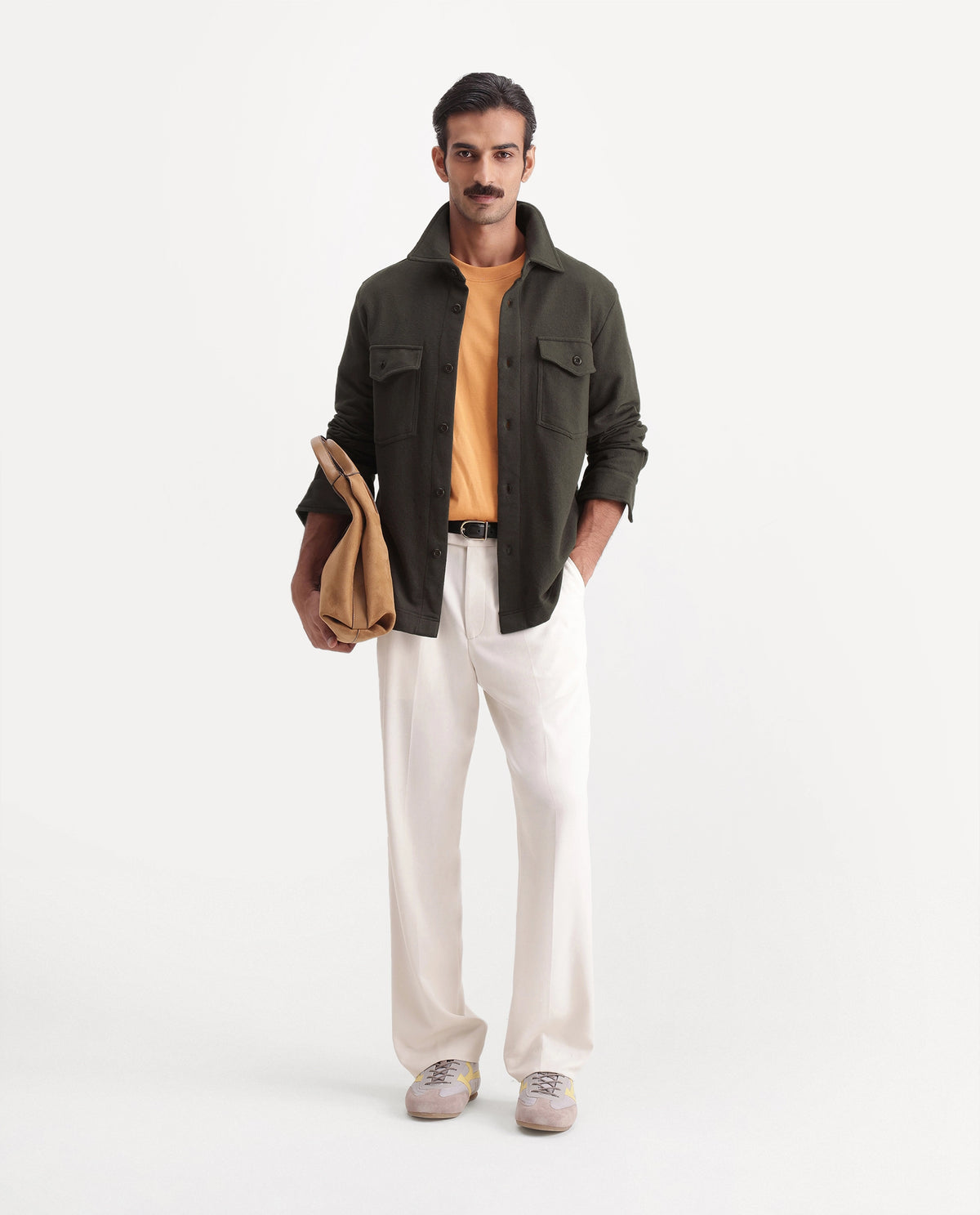 Rare Rabbit Mens Dido Olive Cotton Spread Collar Relaxed Textured Shacket