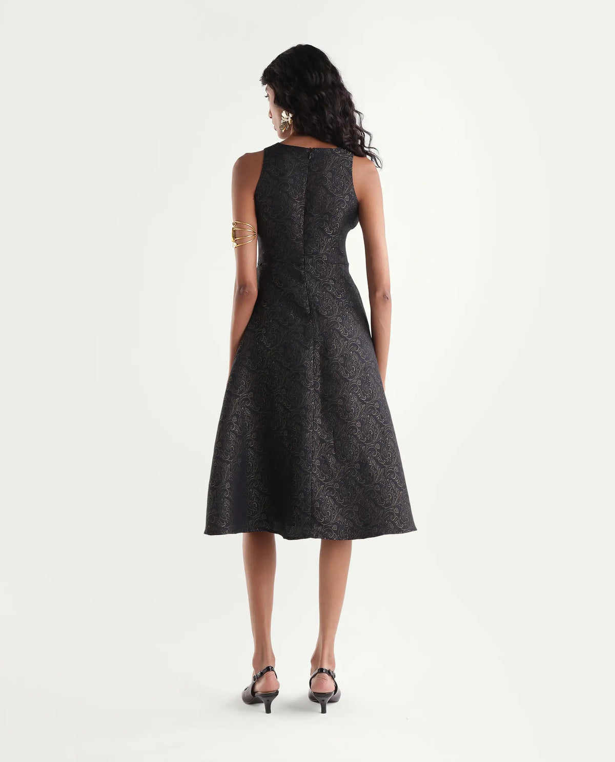 Rareism Womens Xebec Black Polyester Blend V-Neck Fit And Flare Jacquard Dress