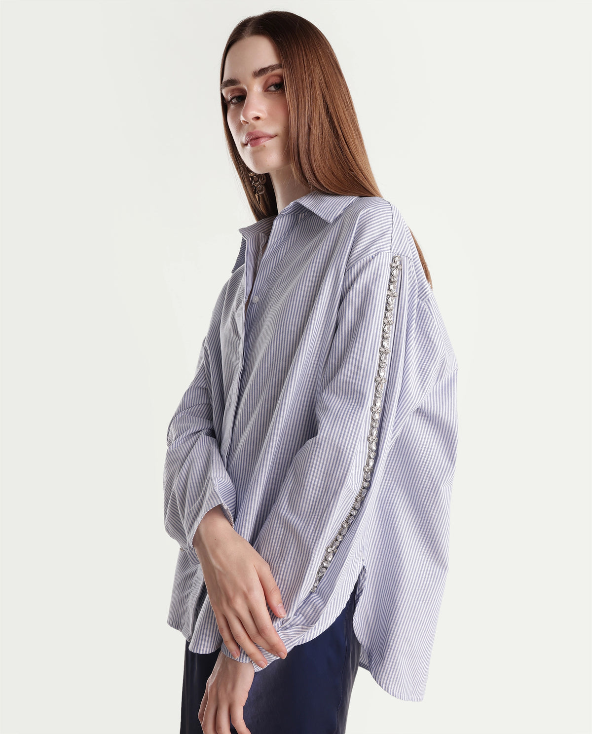 Rareism Womens Guldon Light Blue Cotton Blend Spread Collar Relaxed Striped Shirt