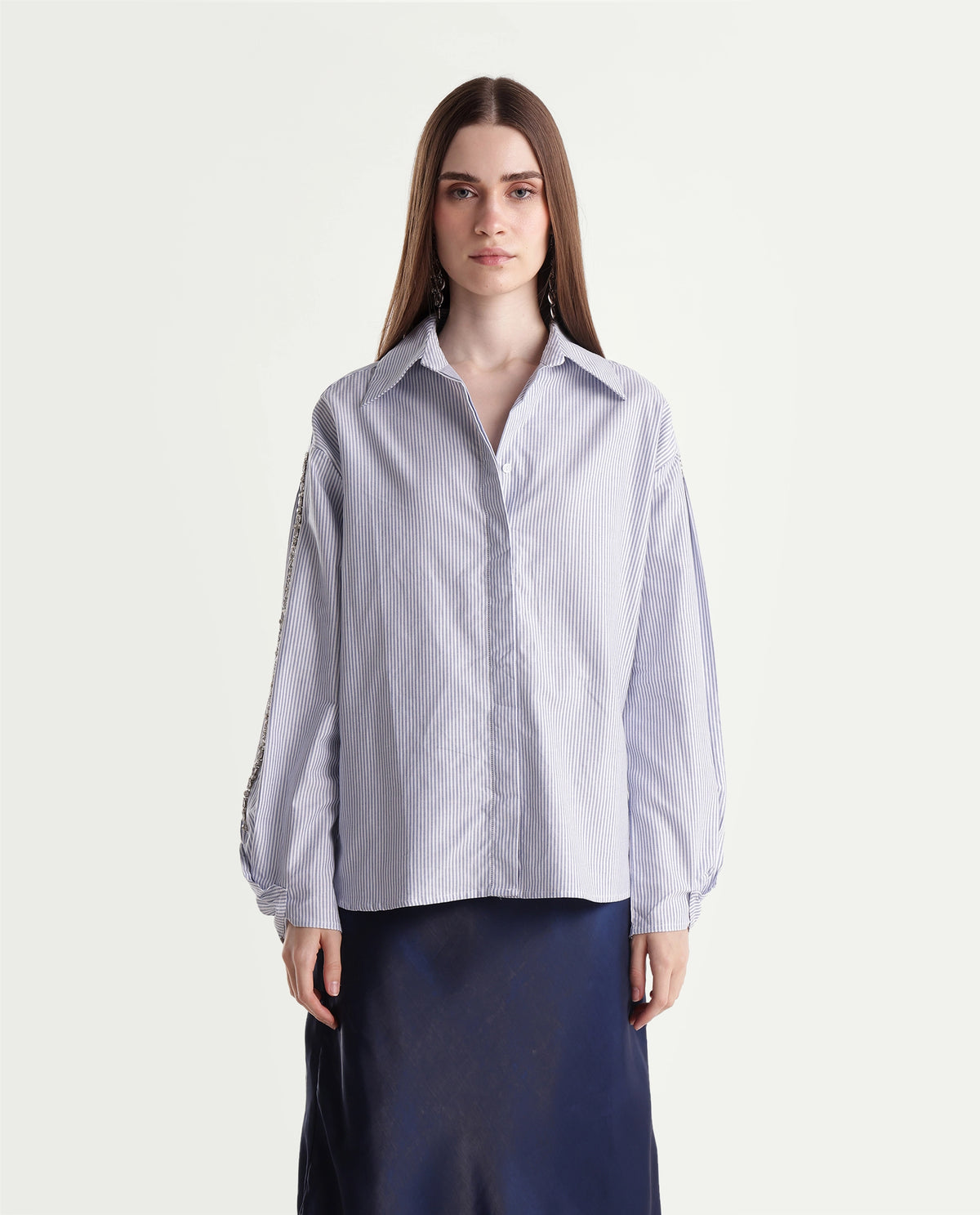 Rareism Womens Guldon Light Blue Cotton Blend Spread Collar Relaxed Striped Shirt