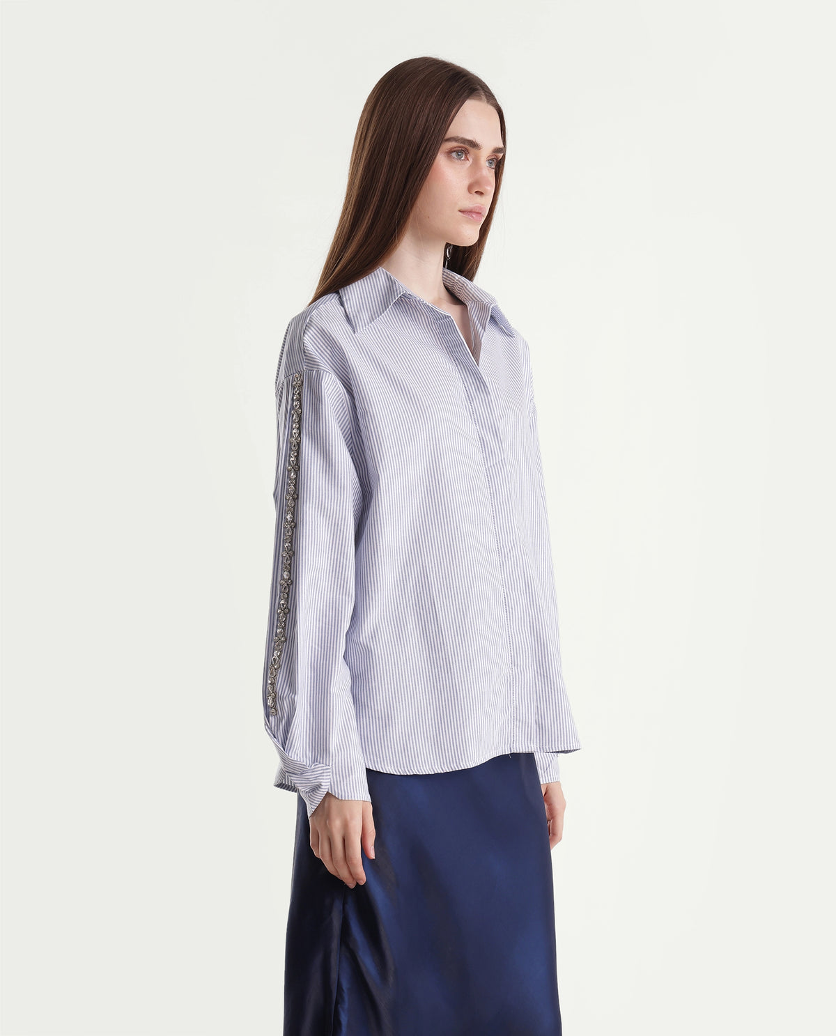 Rareism Womens Guldon Light Blue Cotton Blend Spread Collar Relaxed Striped Shirt