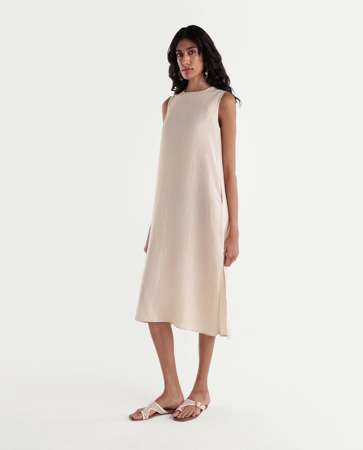Rareism Women Lipez-T Light Beige 100% Linen Crew Neck Plain Shift Dress