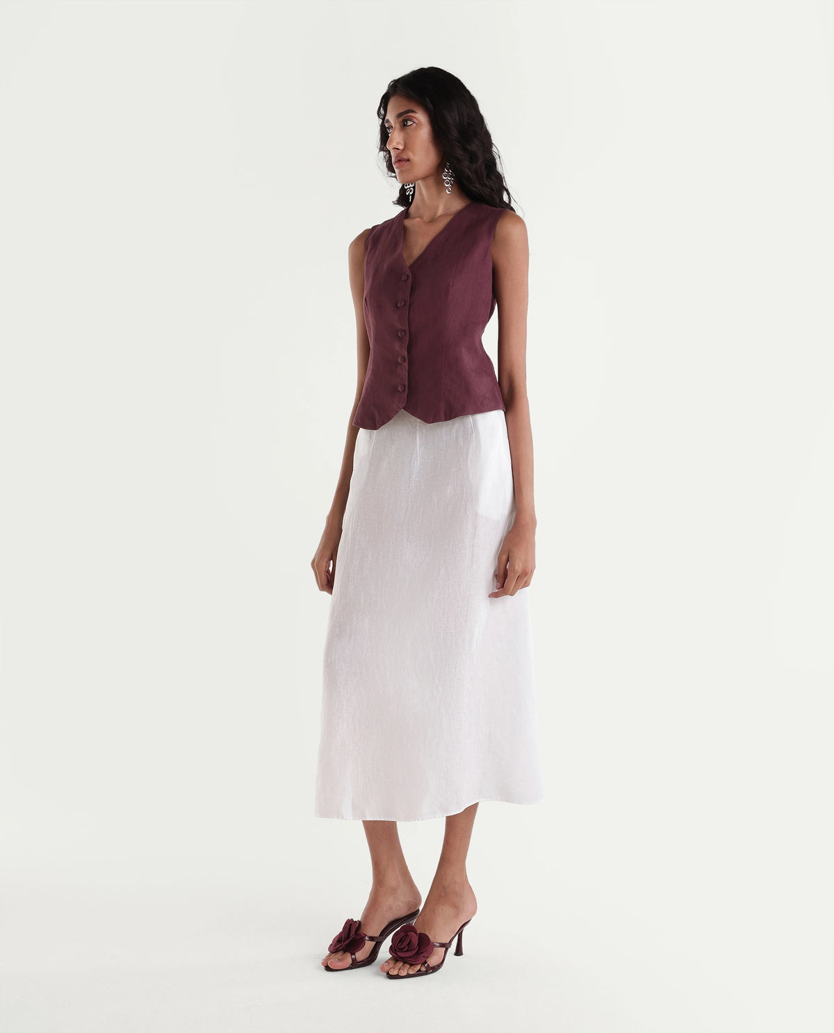 Rareism Women Lily-B Light White 100% Linen Plain A-Line Skirt